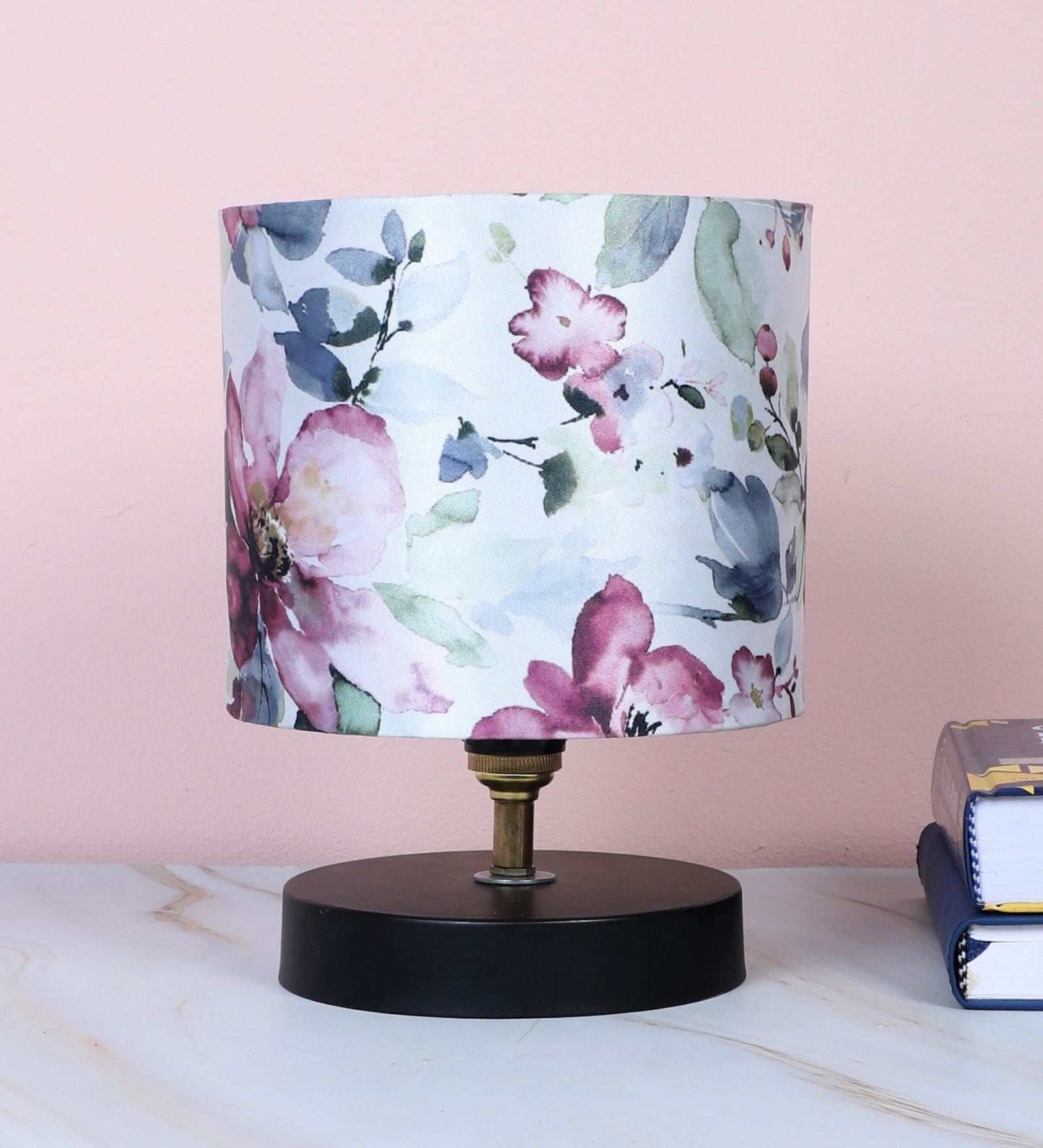 Black Metal Table Lamp With Cobra Saffron Print Satin Shade