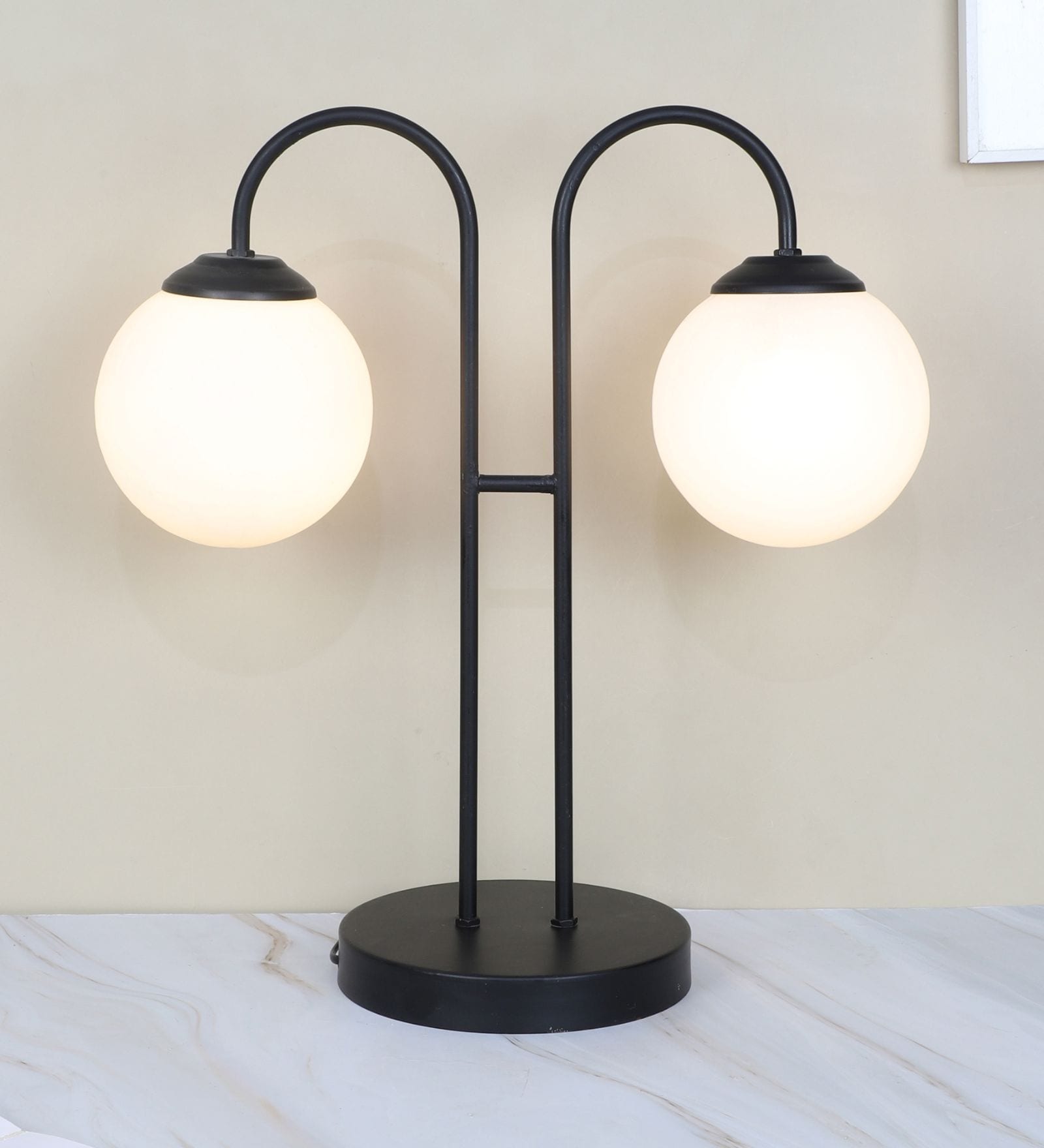 Black Metal Table Lamp With 2 White Glass Shade