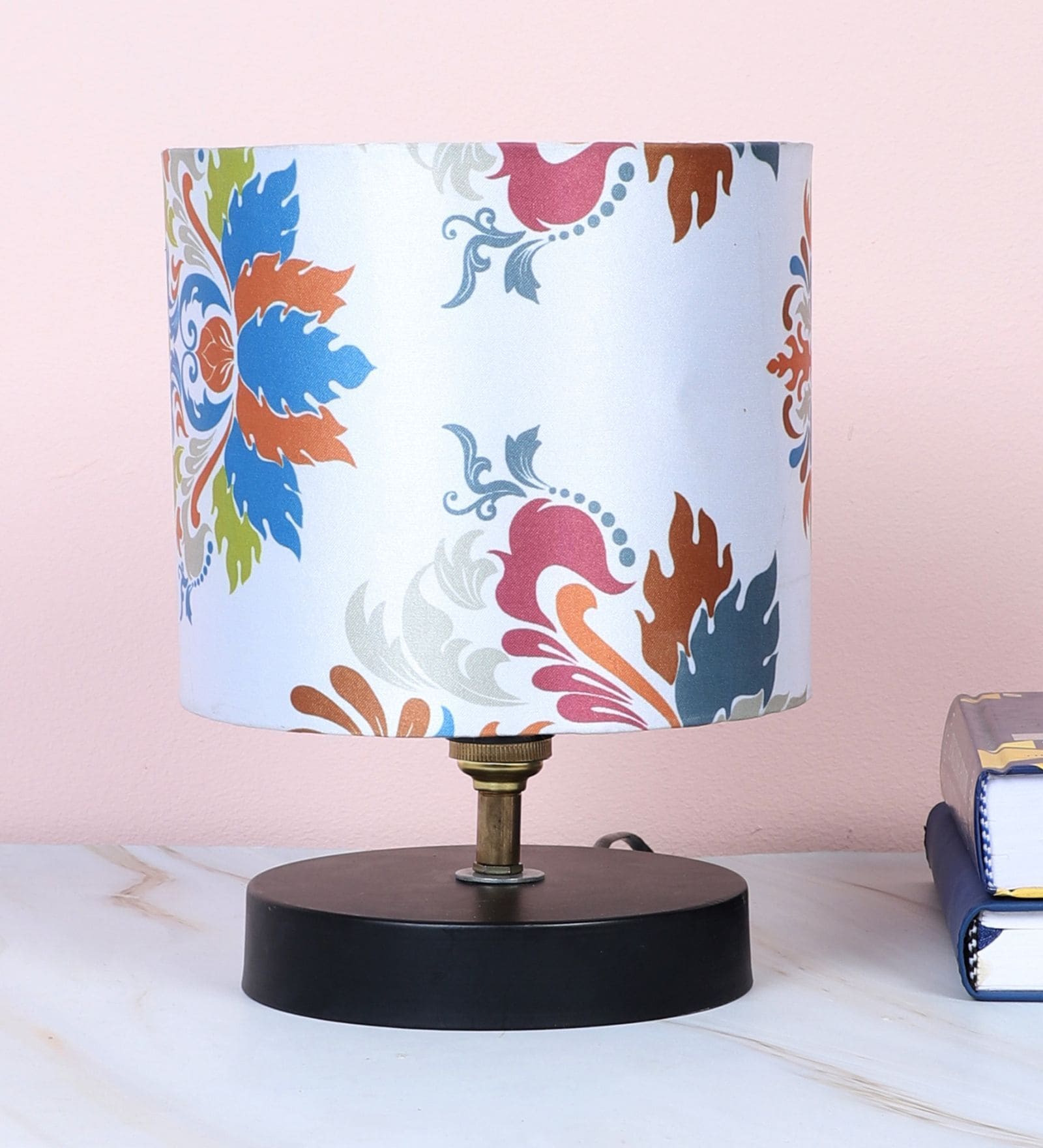 Black Metal Table Lamp With English Oak Print Satin Shade