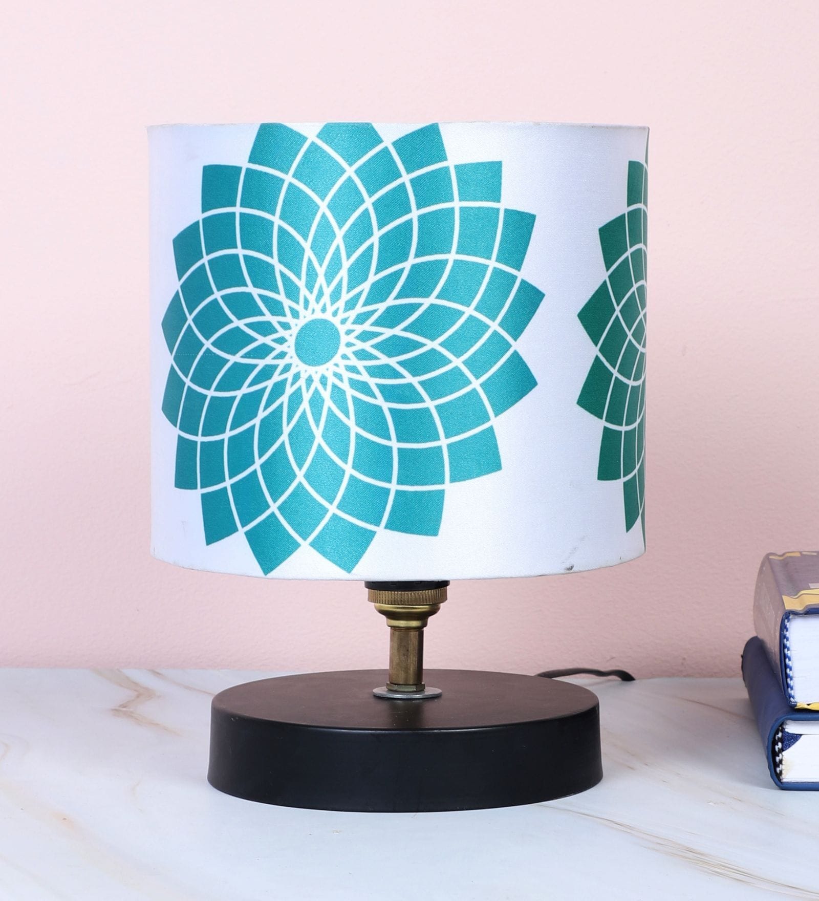 Black Metal Table Lamp With Dahlia Floral Print Satin Shade