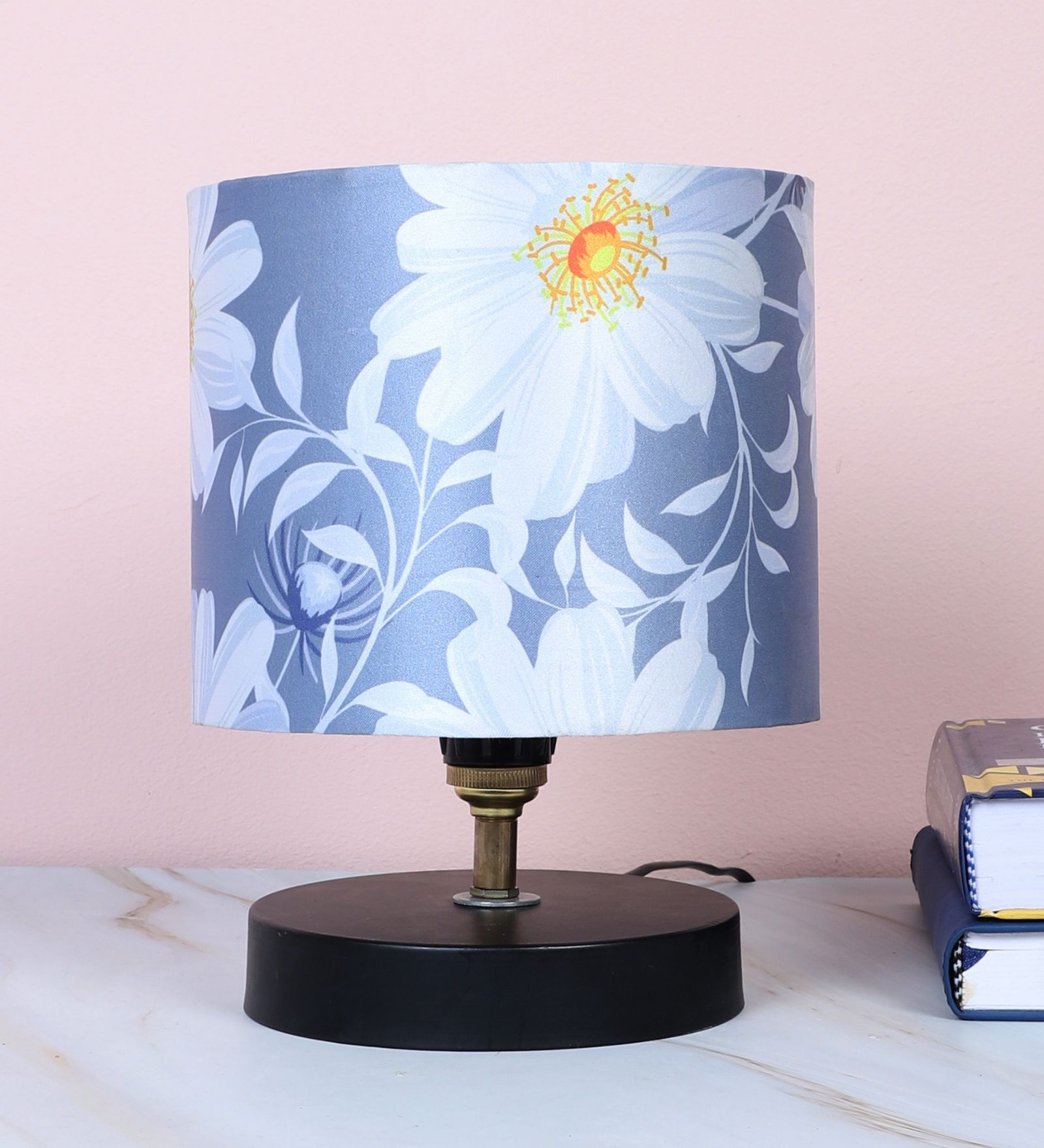 Black Metal Table Lamp With Narcissue Floral Print Satin Shade