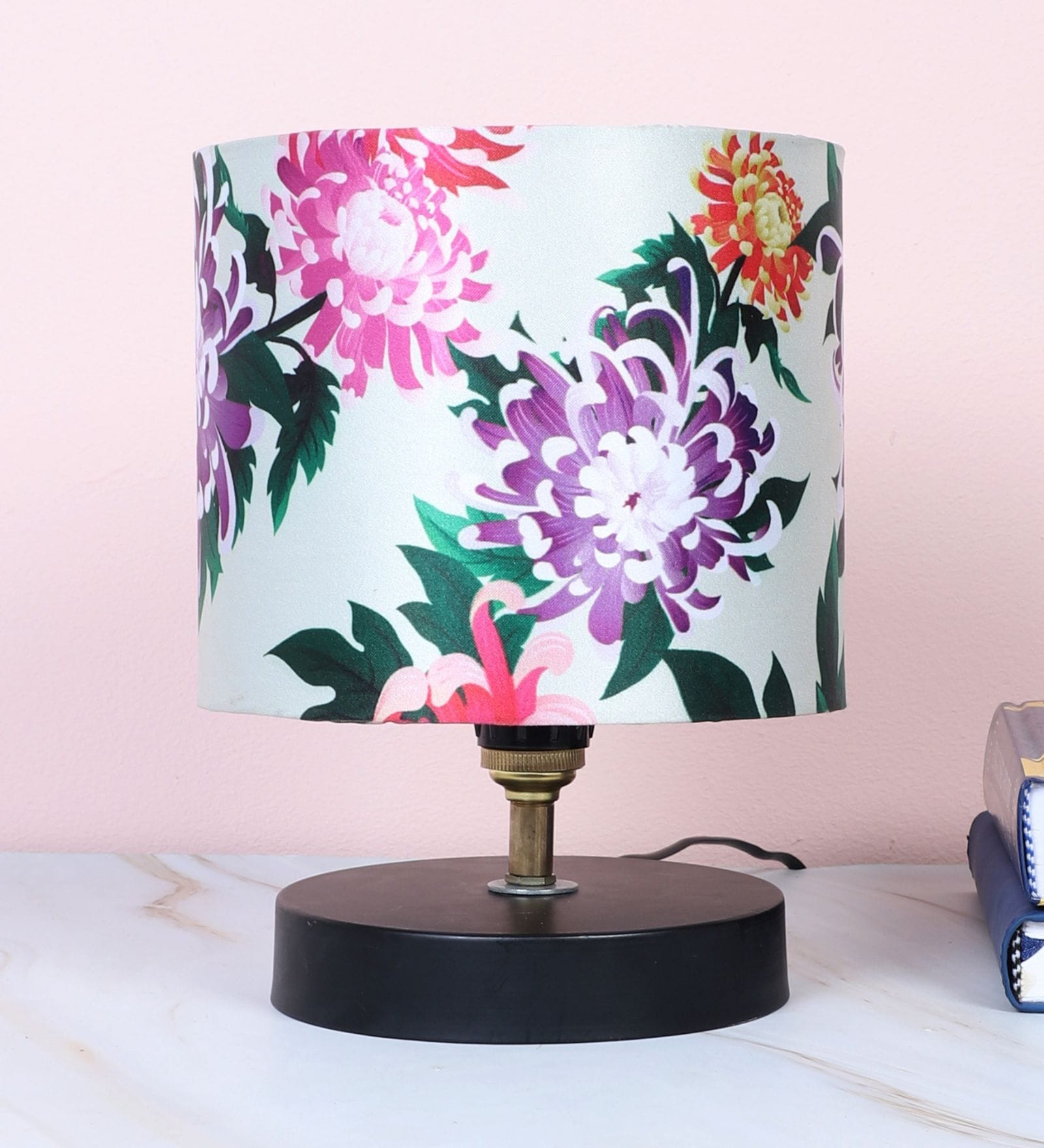 Black Metal Table Lamp With Carnation Print Satin Shade