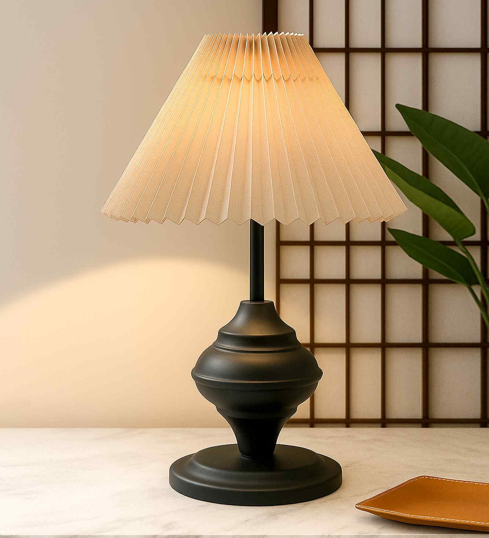 Black Metal Table Lamp with Fabric Shade, E27 holder, Urn, Pleated Off-White Shade