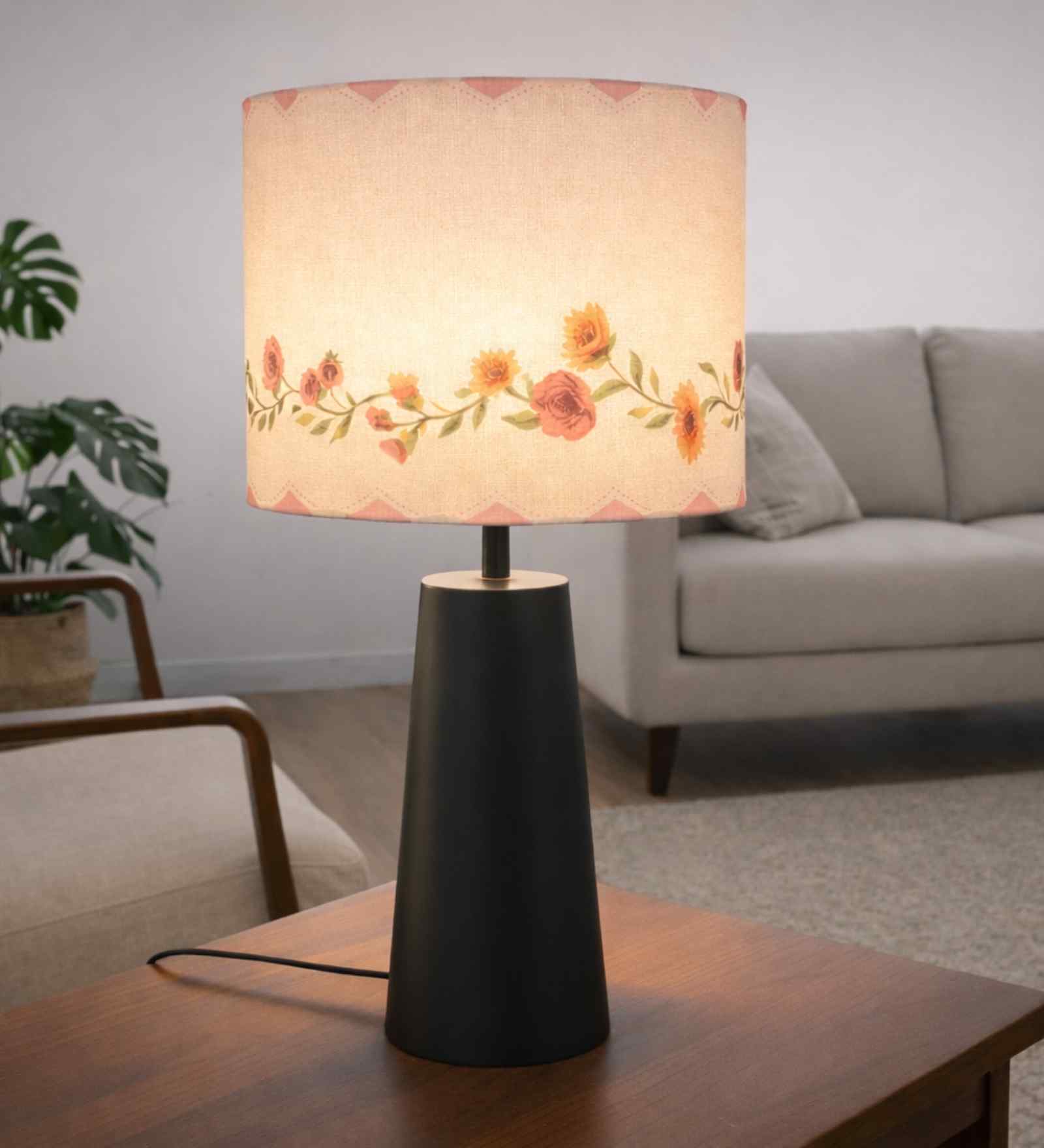 Black Metal Table Lamp with Floral Printed Fabric Shade for Living Room