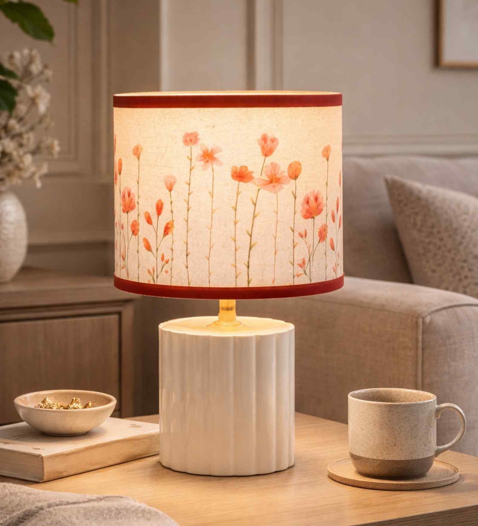 Black Metal Table Lamp with Leaf Printed Drum Shade