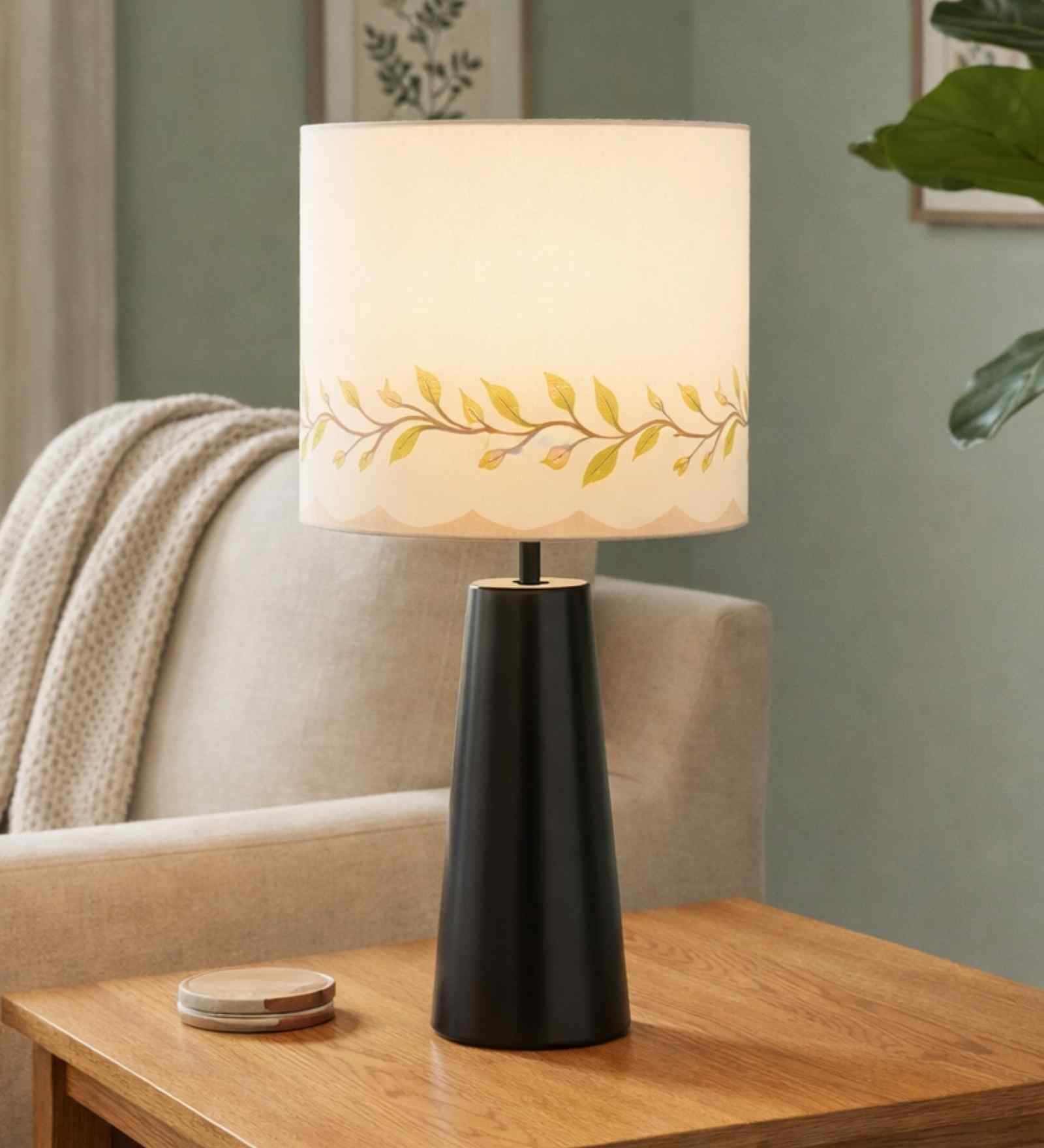 Black Metal Table Lamp with Leaf Printed Drum Shade