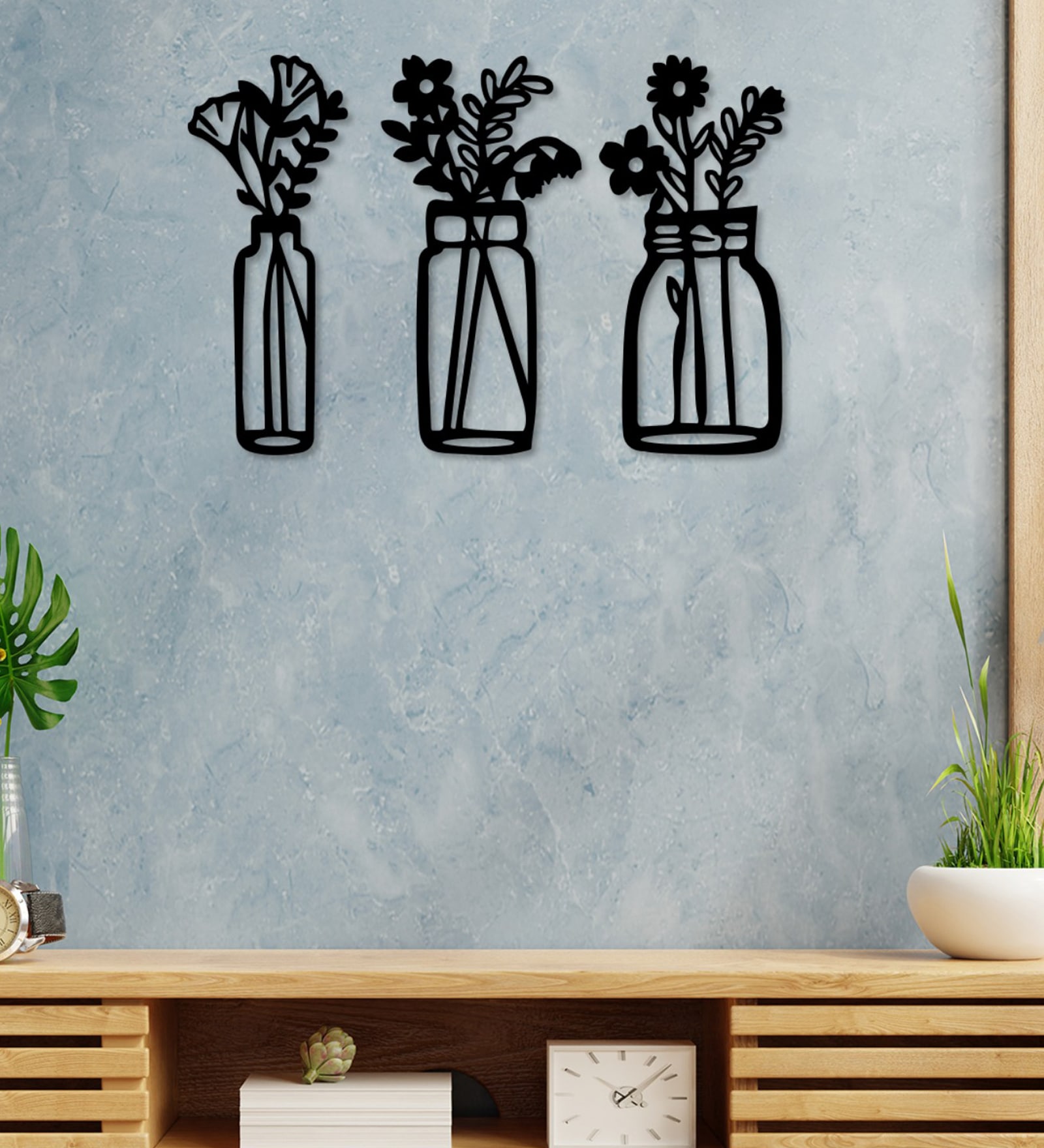 Black Mini Plants Design Wooden Wall Decor