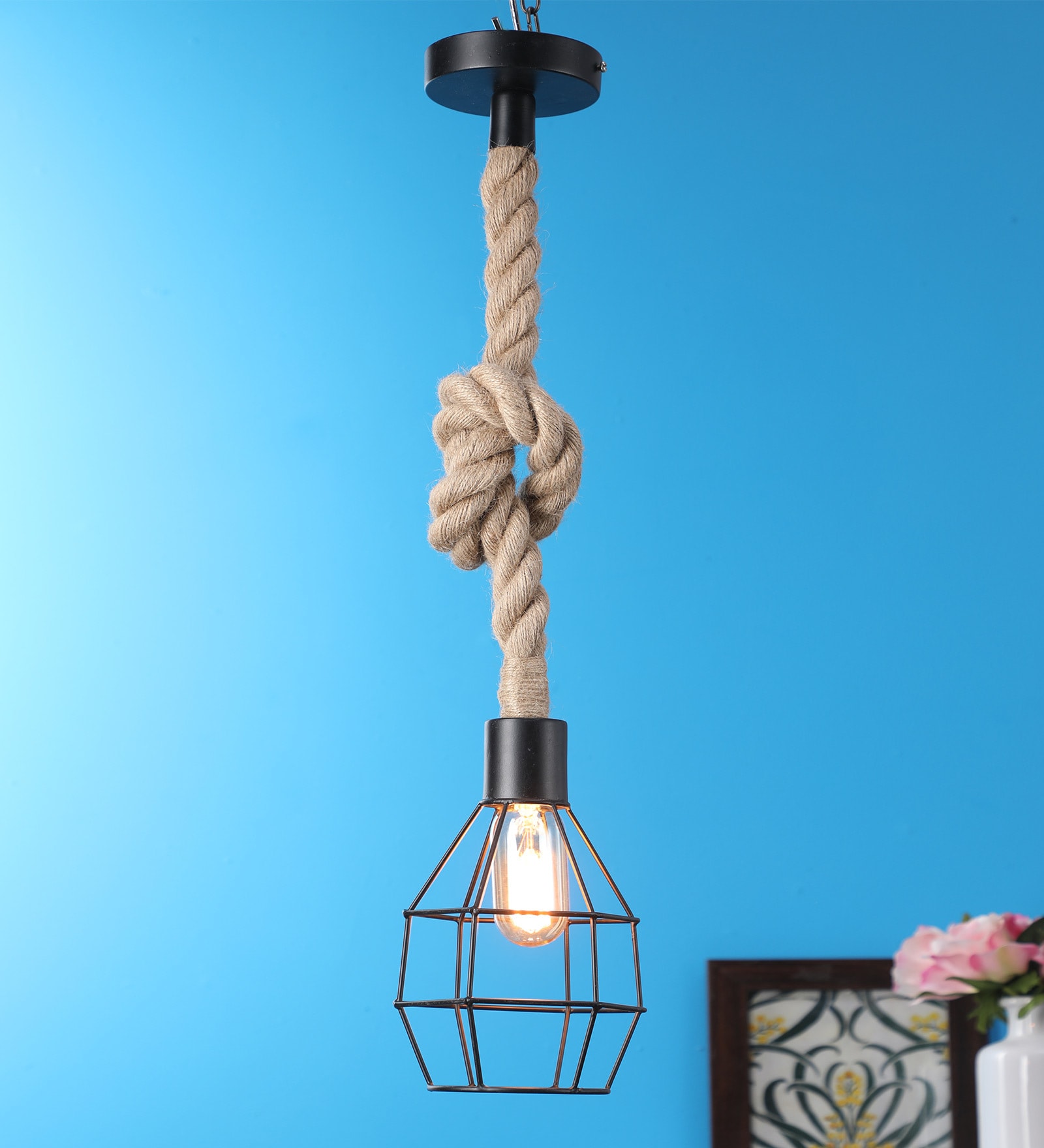 Bennett Black Natural Fiber Hanging Light