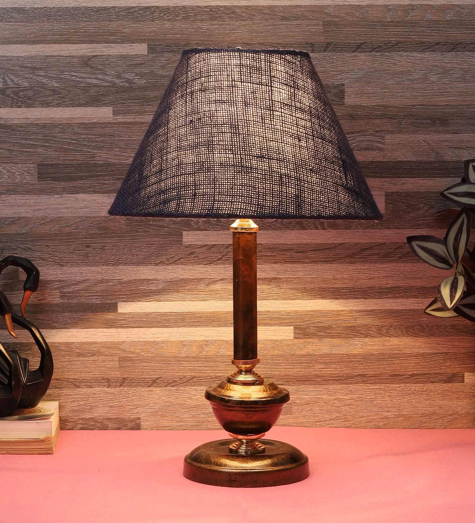 Black Natural Fiber Shade Table Lamp With Copper Base