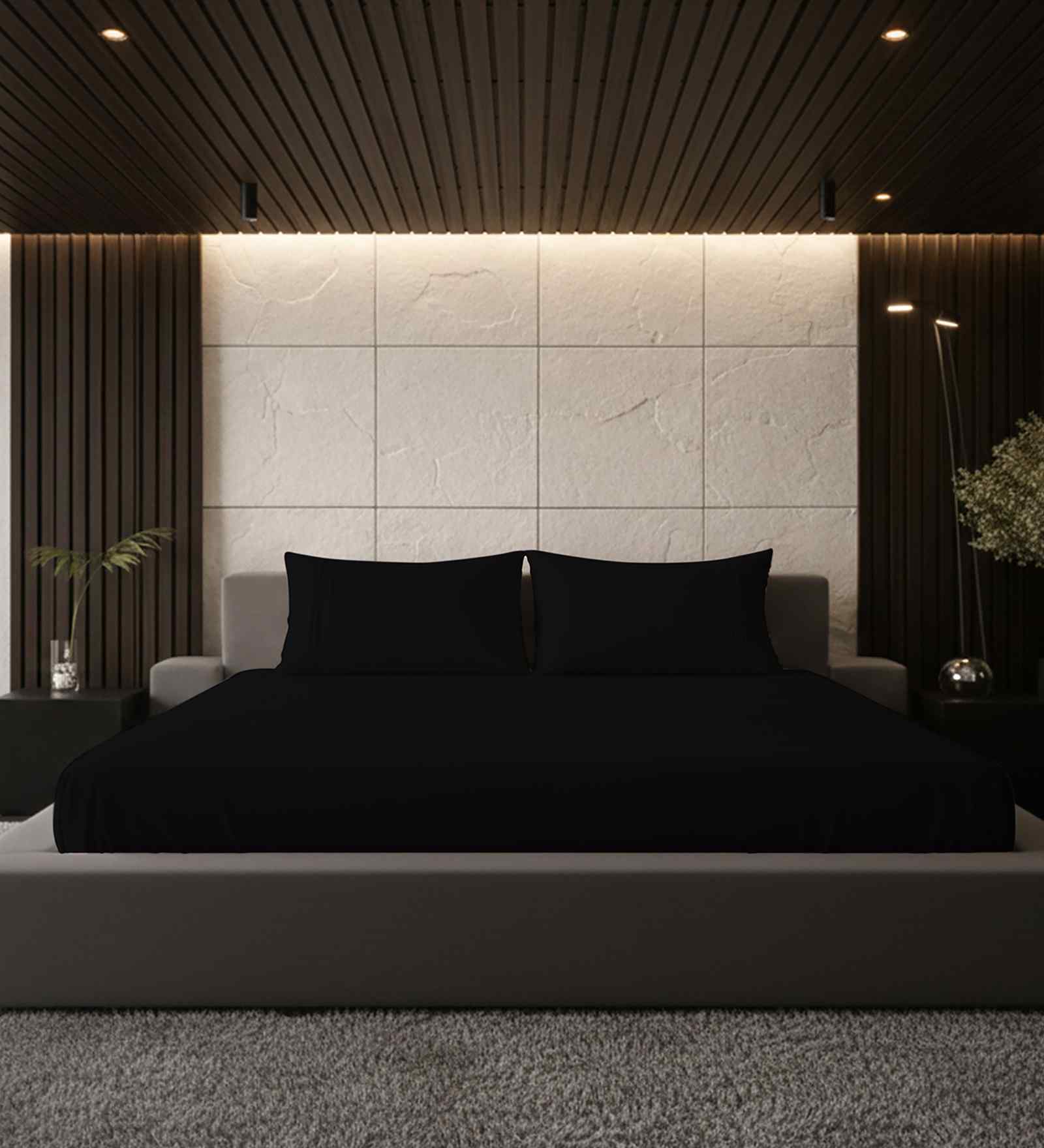 Black Onxy Solid 500 TC Pure Cotton King Fitted Bedsheet with 2 Pillow Covers