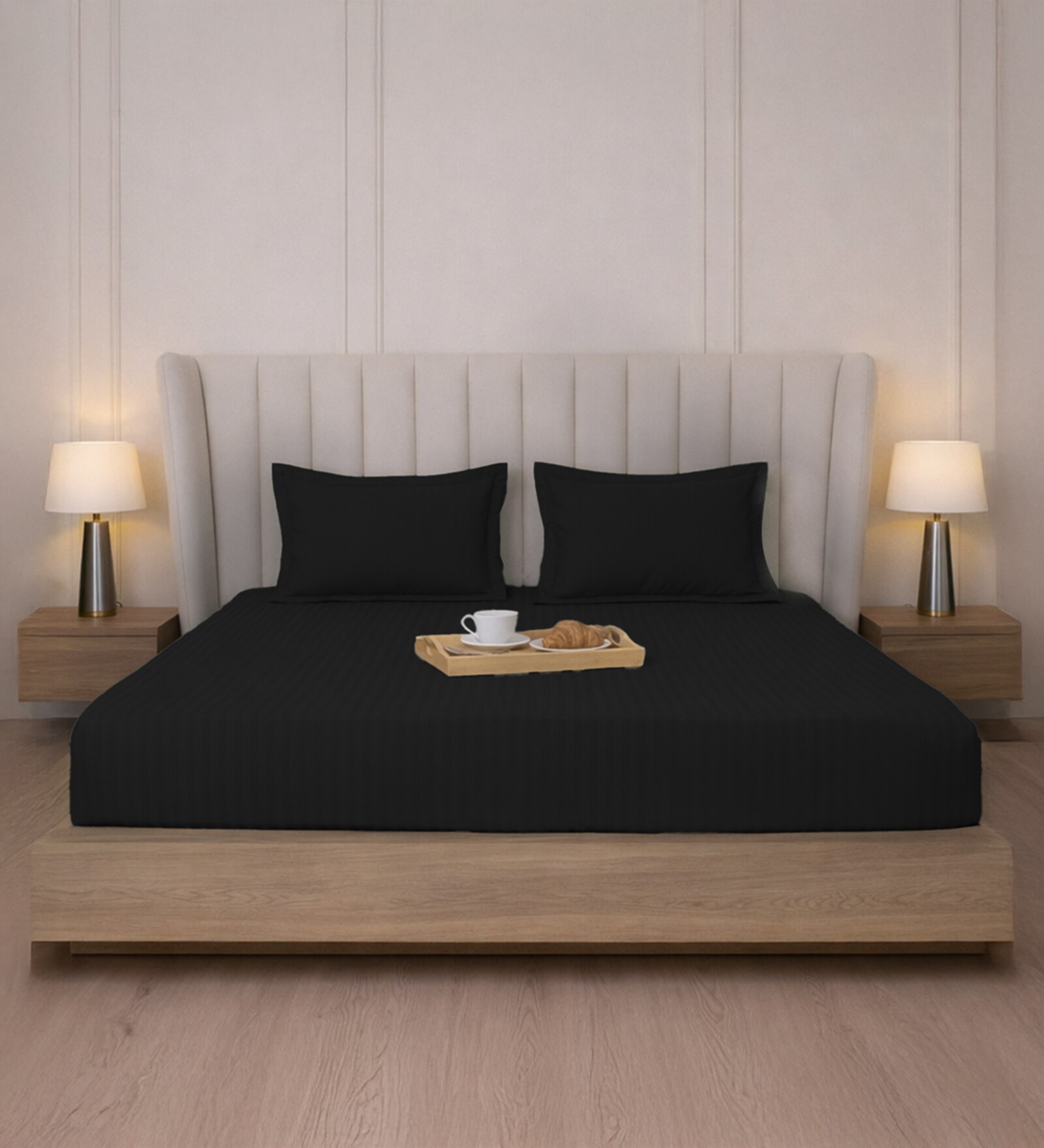 Black Onxy Stripe 300 TC Pure Cotton King Fitted Bedsheet with 2 Pillow Covers