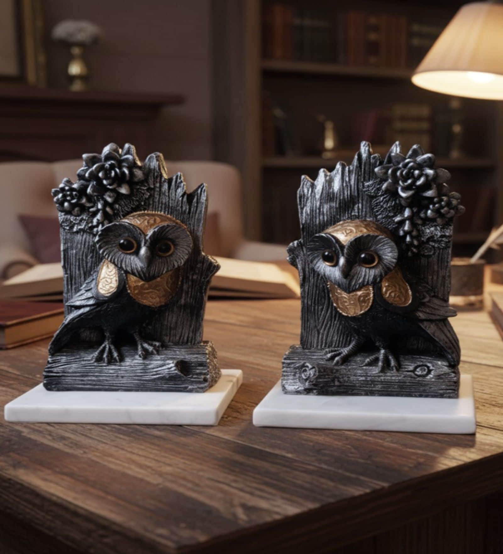 Black Owl Showpiece with Marble Base set of 2