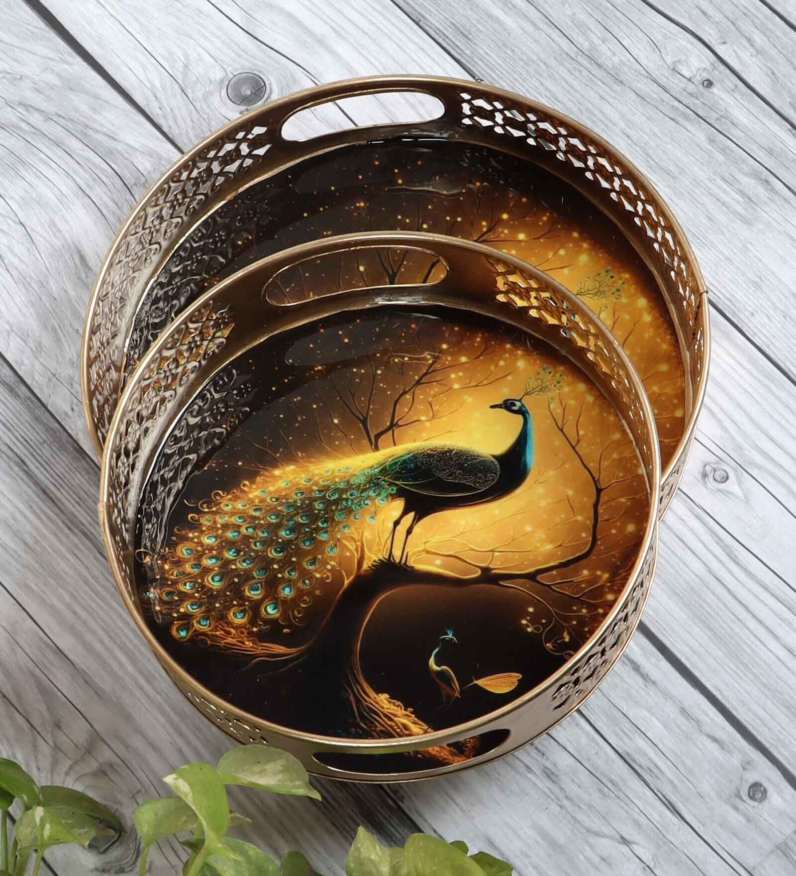 Black Peacock Set of Metal Tray Set of 2