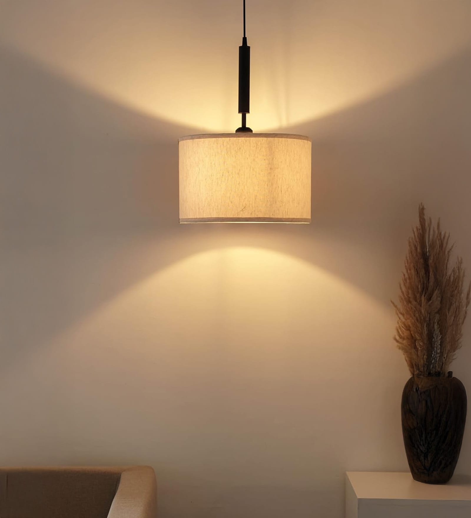 Black Polished Fabric Pendant Hanging Light with 14" Diameter Cotton Off White Shade