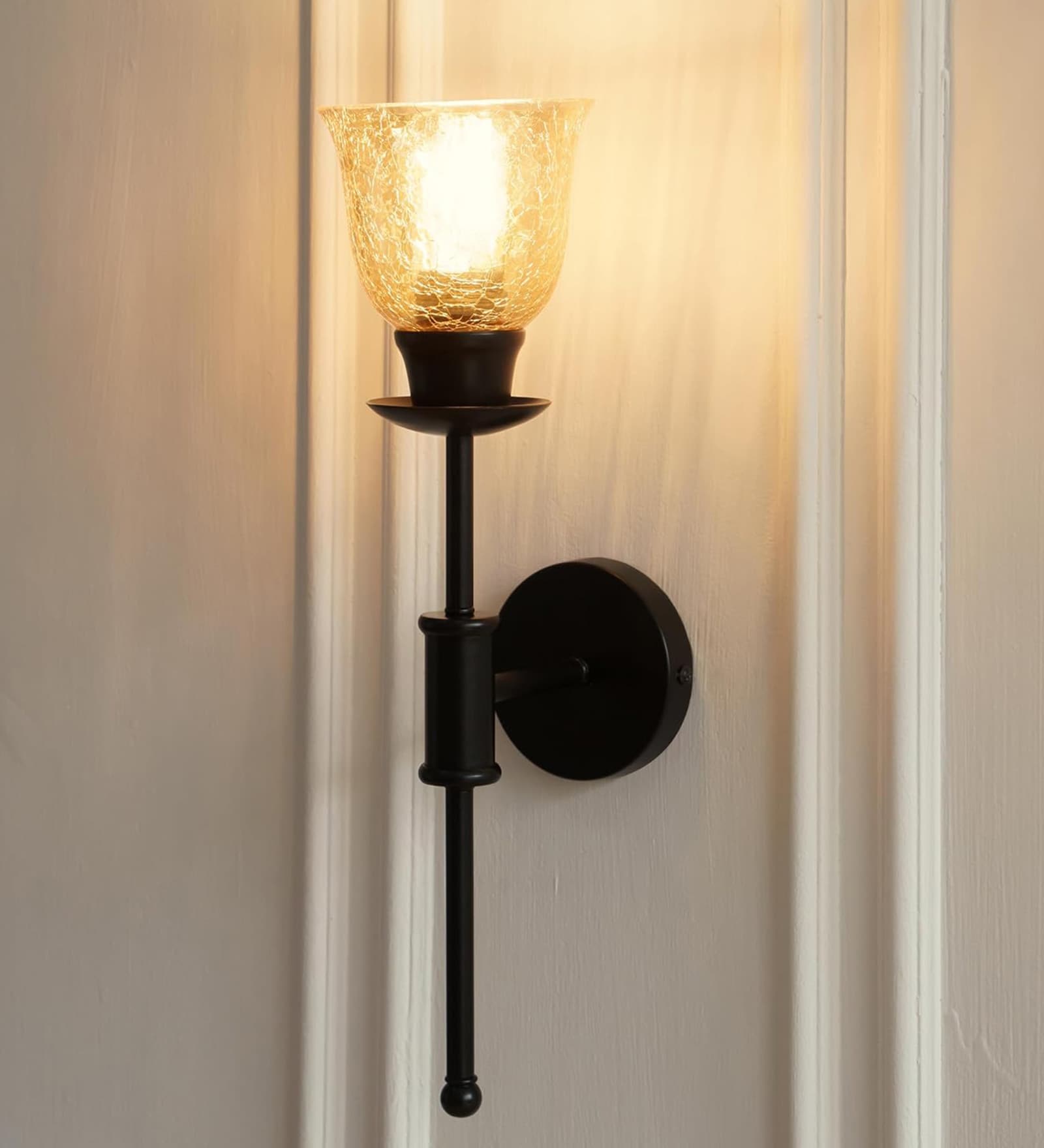 Black Polished Spacer Wall Lamp with Cup Crackled Glass Golden Luster