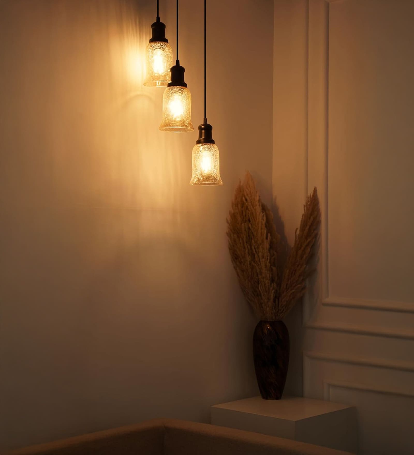 Black Polished Triple Hanging Pendant Light with Chimney Crackled Golden Glass