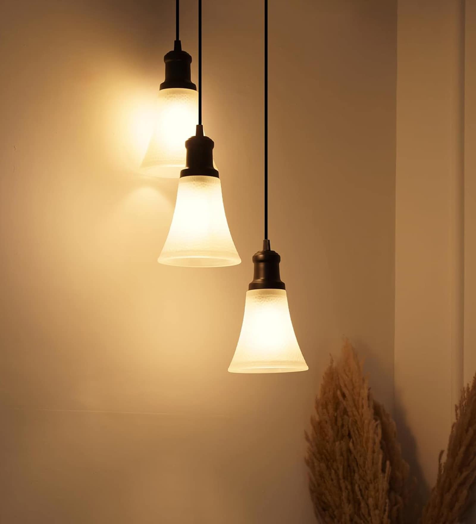 Black Polished Triple Hanging Pendant Light with Hammered Frost Glass