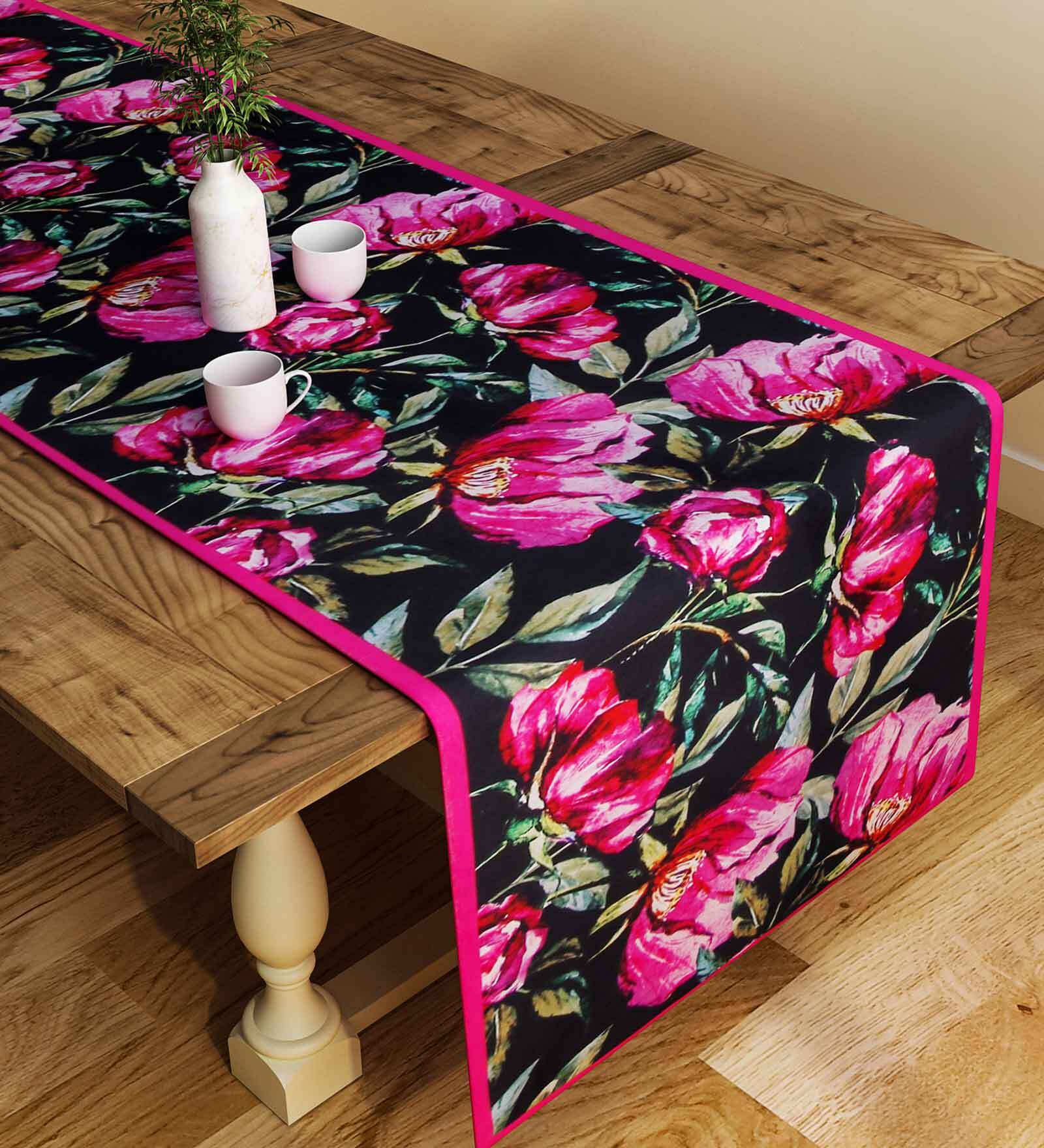 Jewel Floral (78x12) Black & Pink Poly Cotton Table Runner