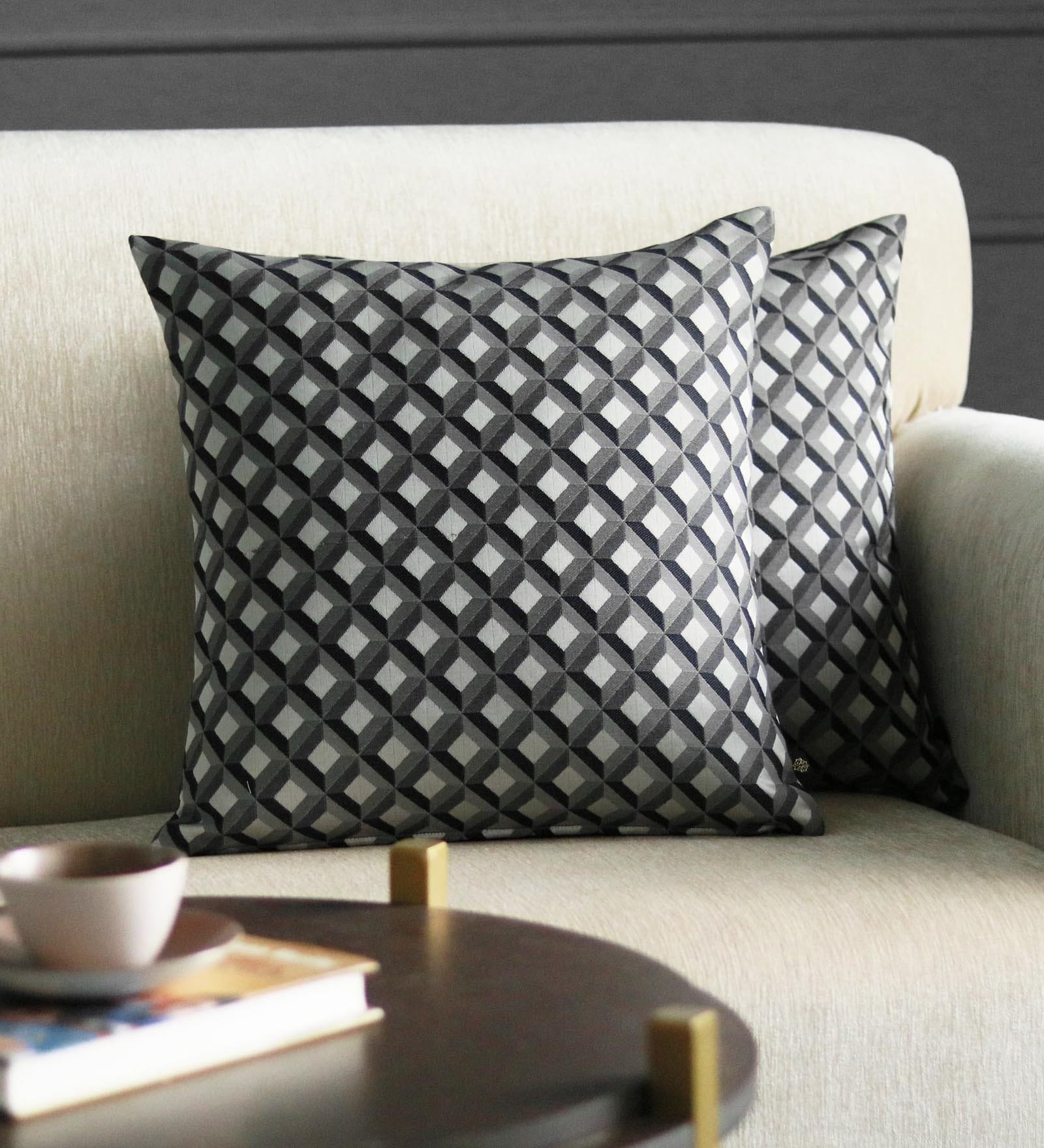 Black Geometric Poly Cotton 16 x 16 Inches Cushion Covers (Set of 2)
