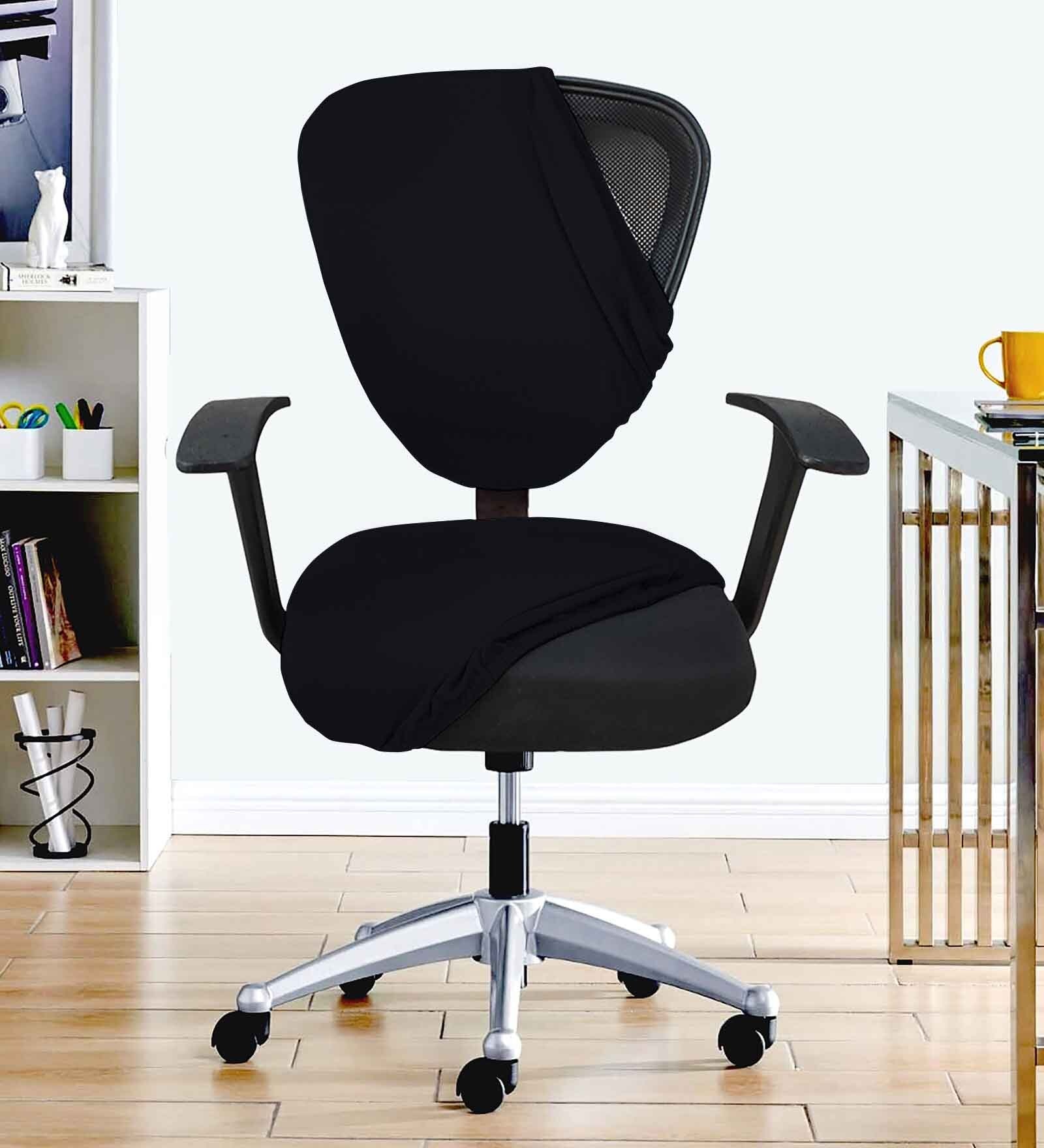 Black Polycotton Solid 18 x 18 Inches Elastic Stretchable Office Chair Covers (2 Pcs