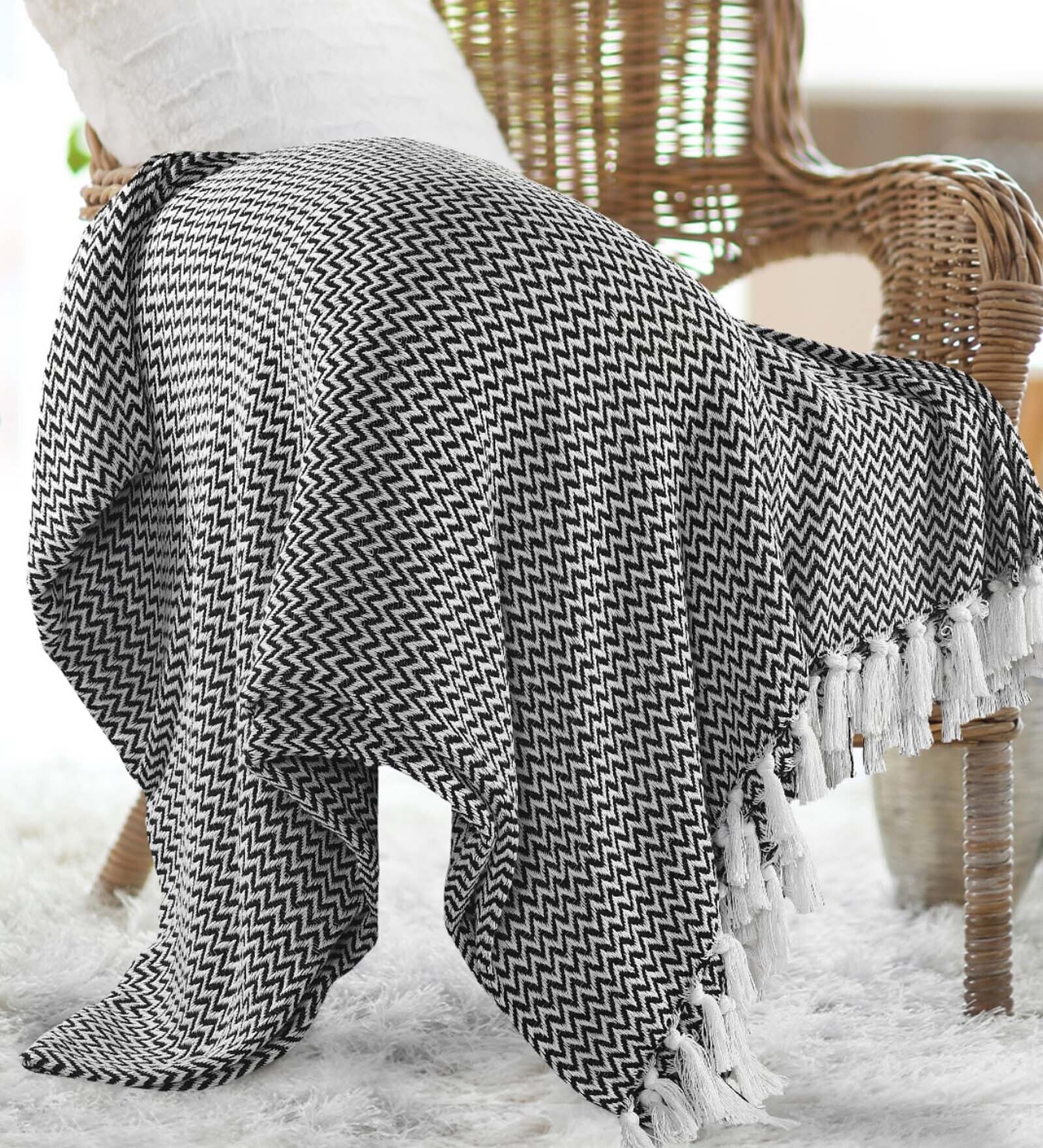 Black Polyester 98x67 Chevron Throw with Tassels