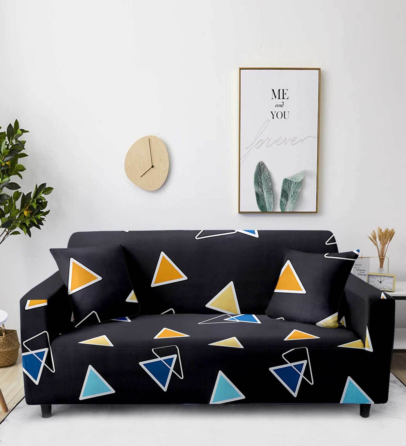 Black Geometric Polyester 73x57 Inches 2 Seater Sofa Cover