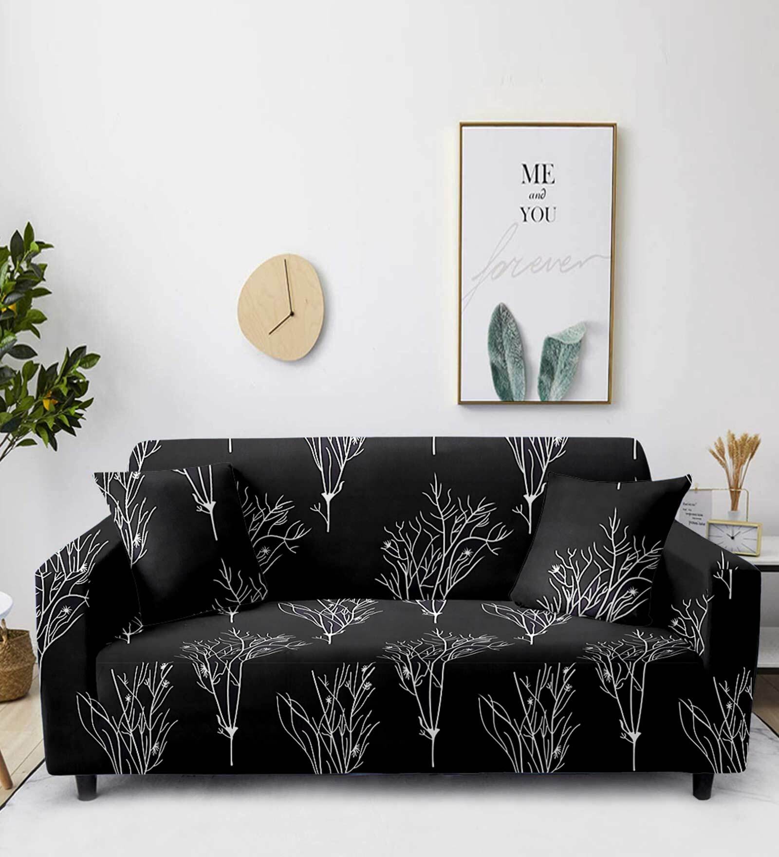 Black Floral Polyester 91x73 Inches 3 Seater Sofa Cover