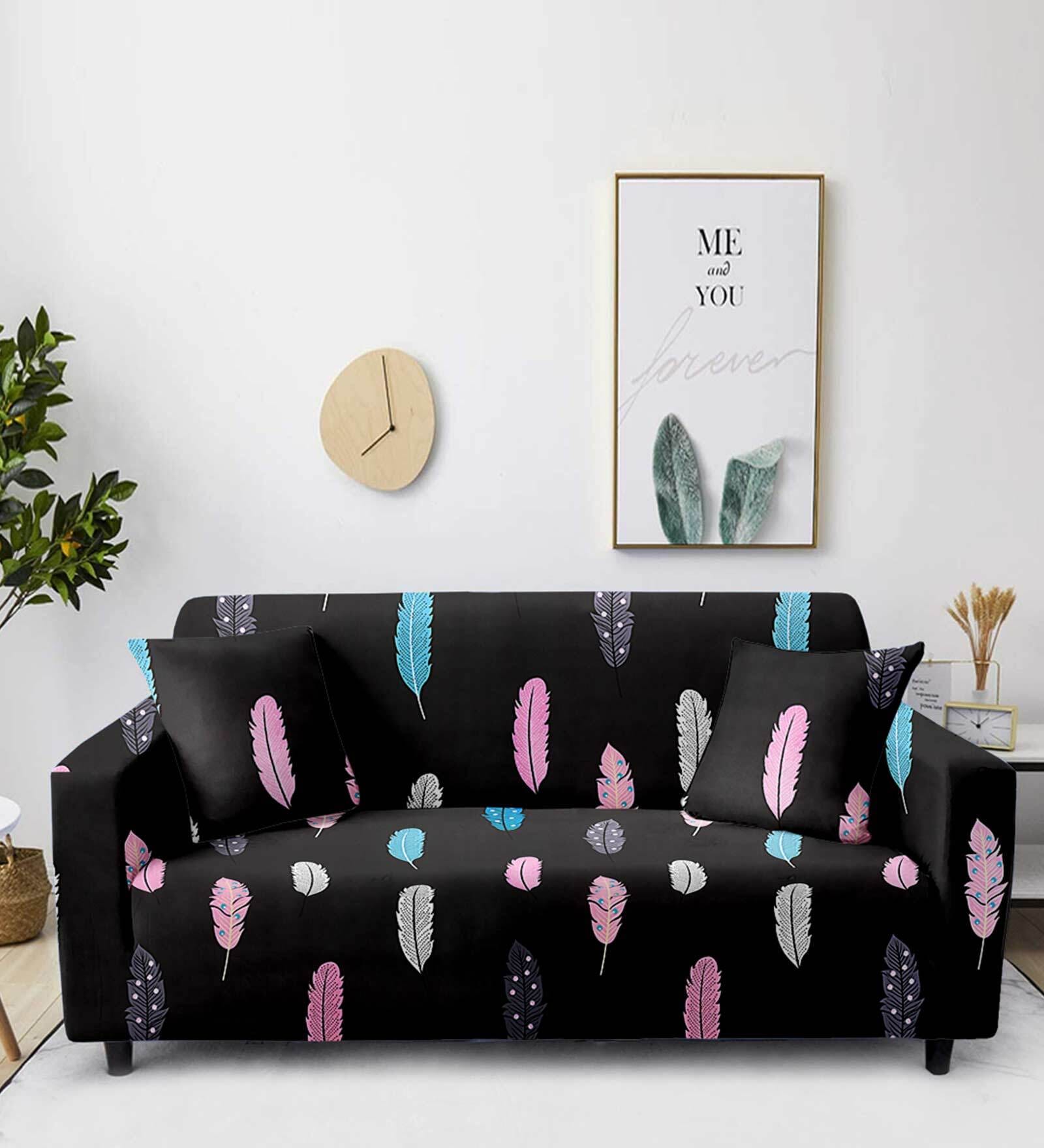 Black Floral Polyester (1Pc) Seater Sofa Cover