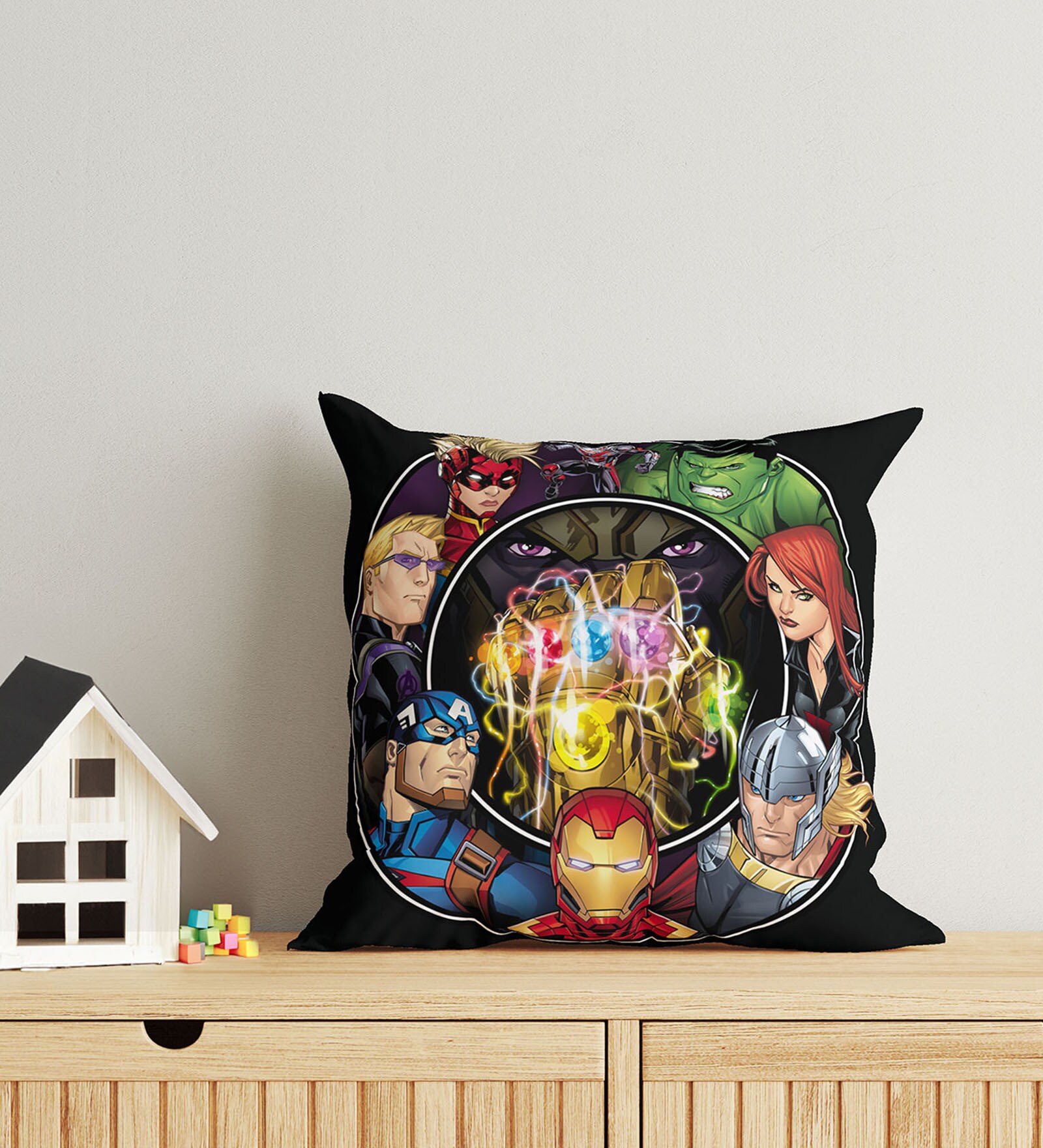 Black Polyester Marvel 16x16 inches Reversible Kids Cushion (1 Pc)