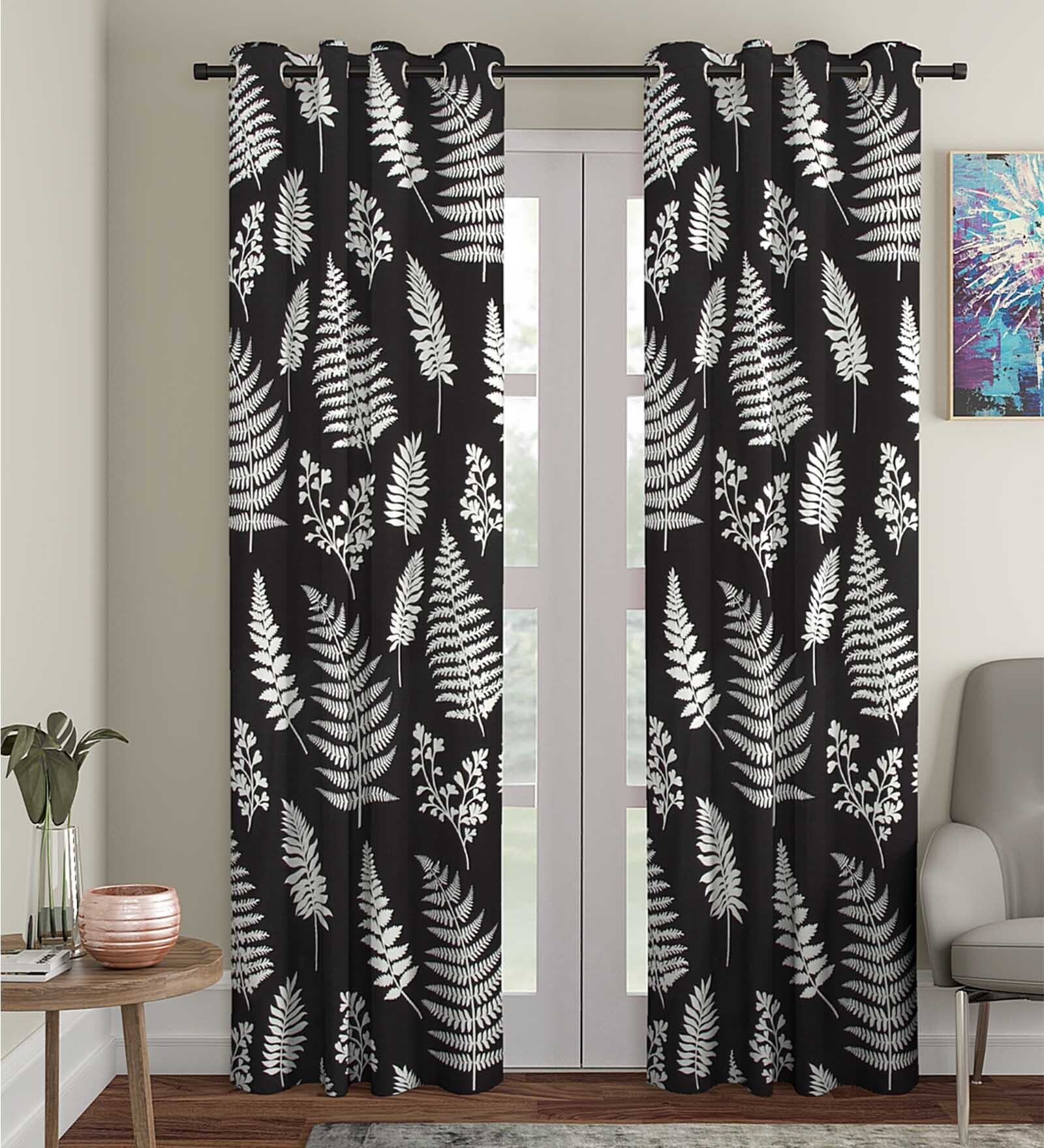 Black Floral Polyester 9 Ft Semisheer Eyelet Door Curtains (Set of 2)