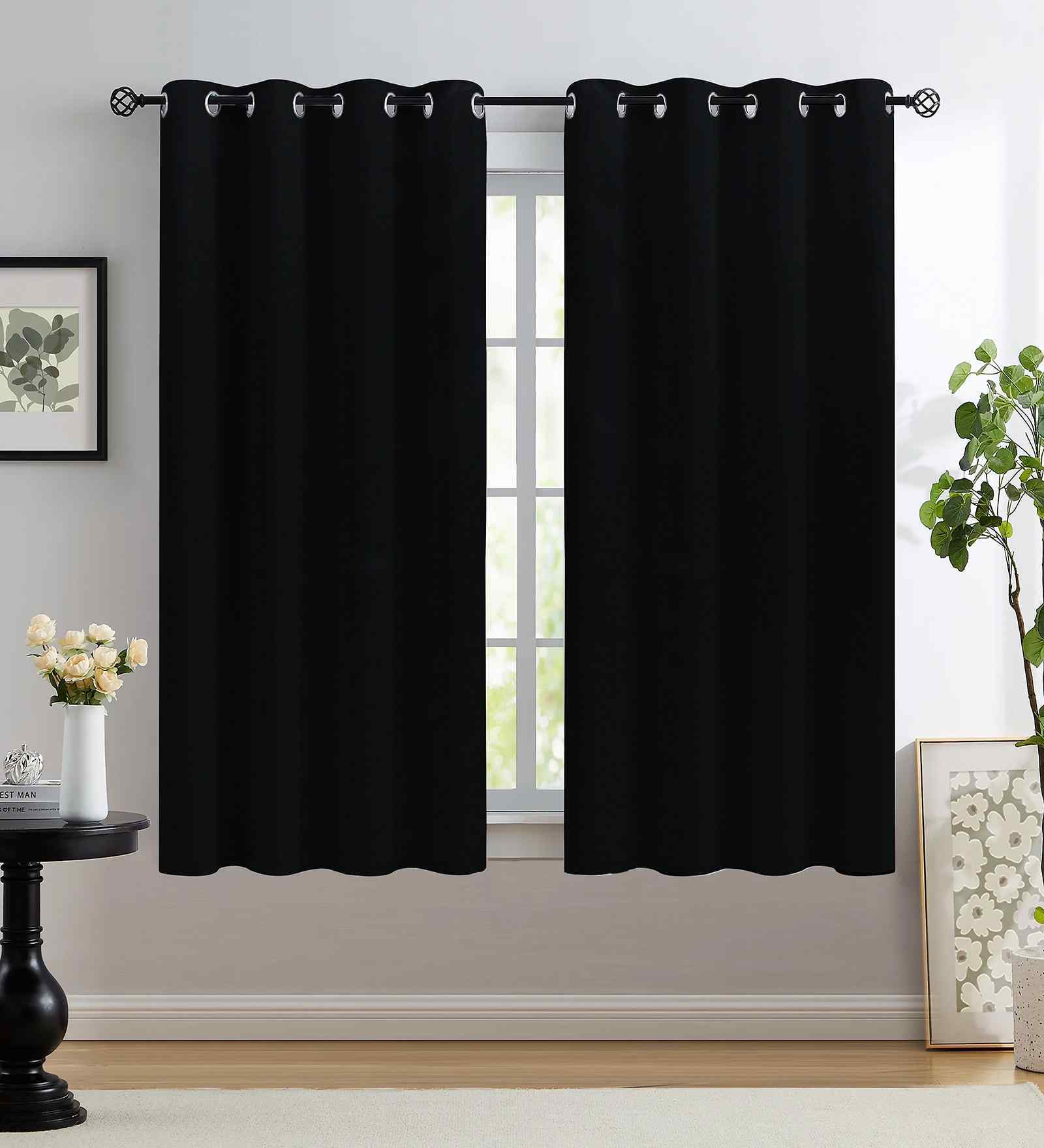 Black Polyester Solid 5ft Blackout Eyelet Window Curtain (2 Pc)
