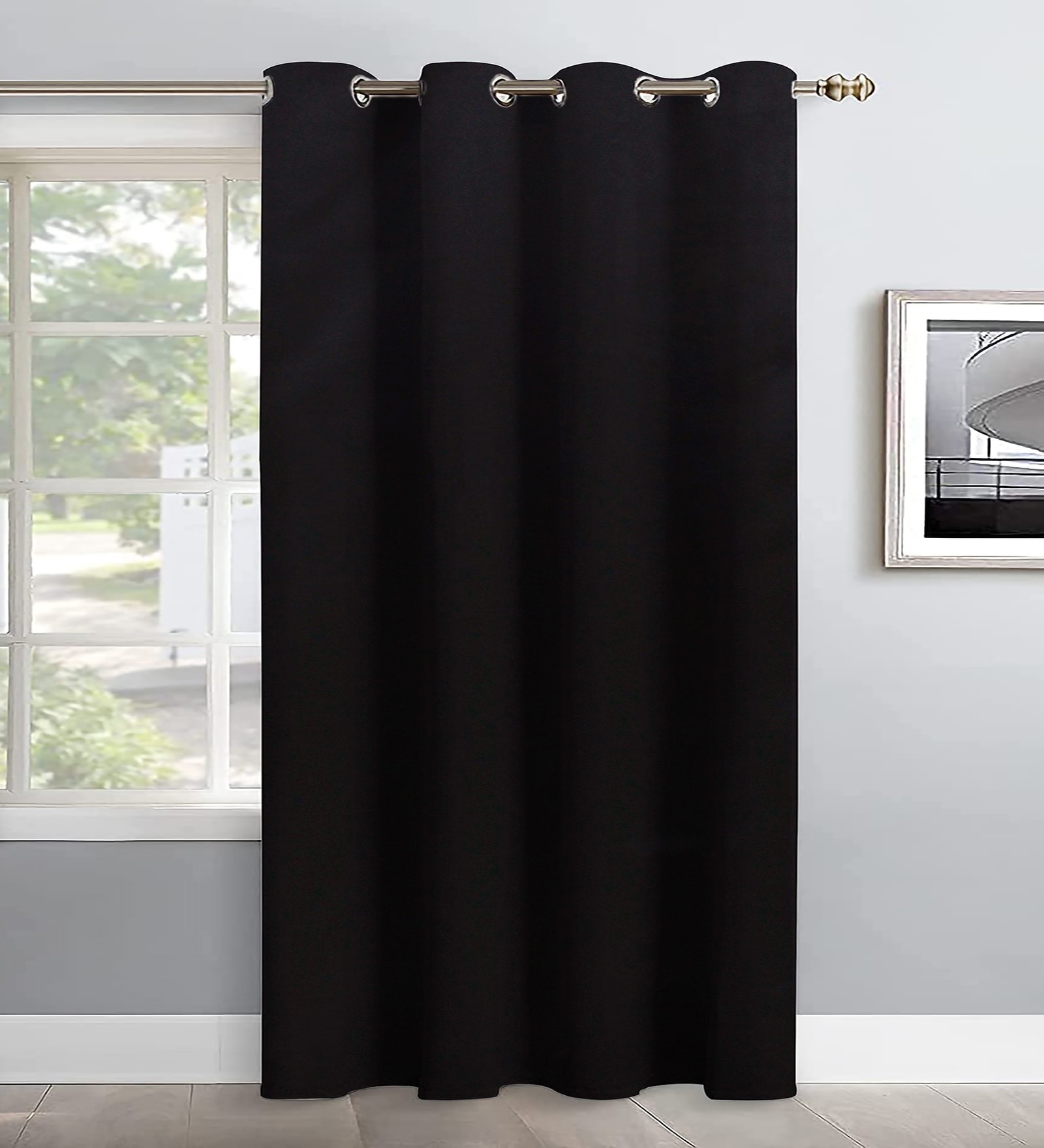 Black Polyester Solid 7ft Blackout Eyelet Door Curtain (1 Pc)