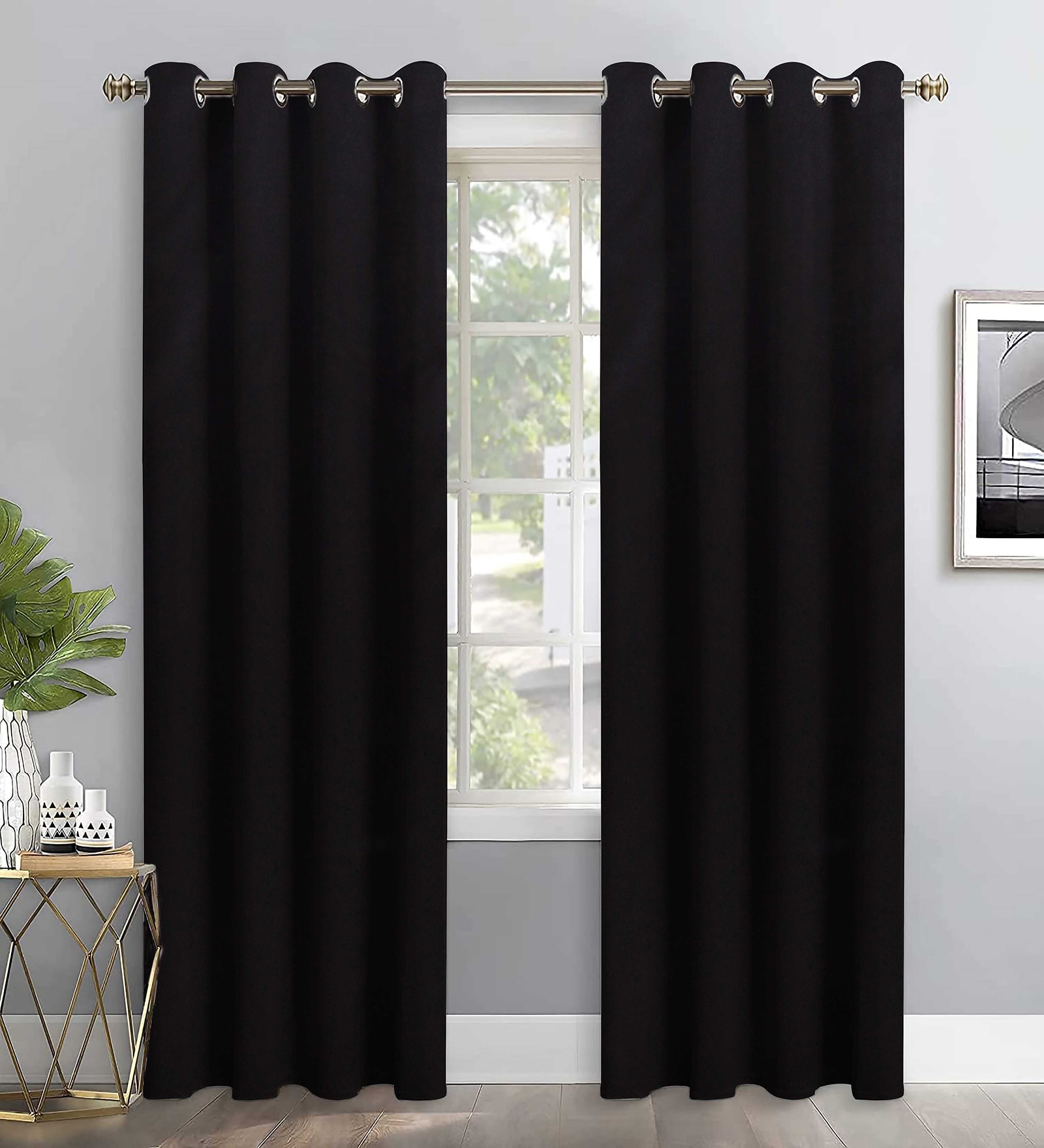 Black Polyester Solid 7ft Blackout Eyelet Door Curtain (2 Pc)