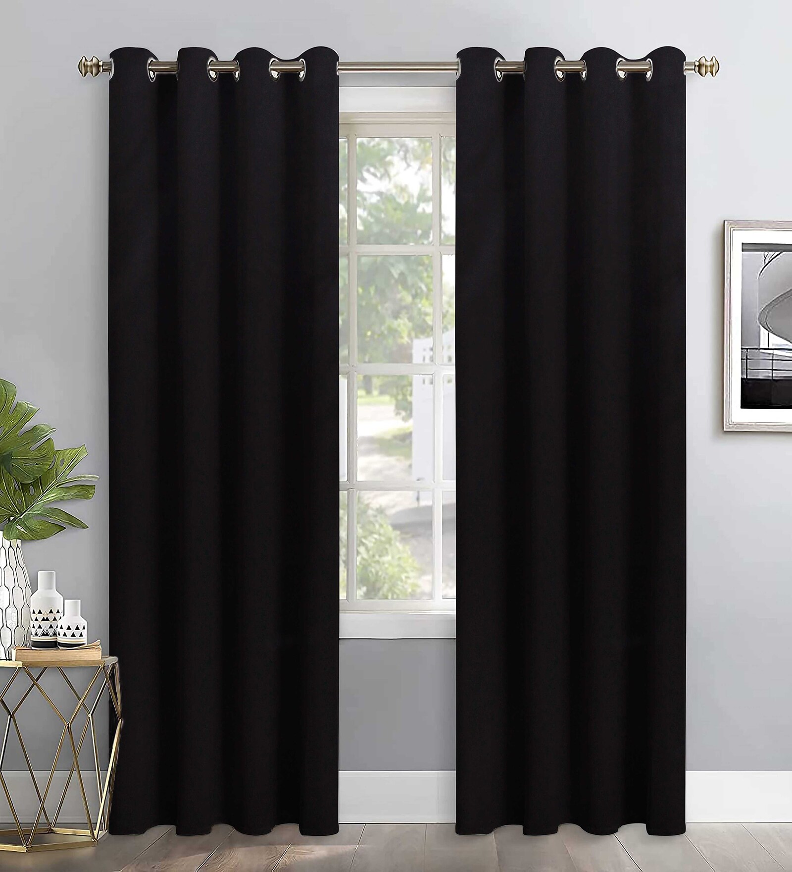 Black Polyester Solid 9ft Blackout Eyelet Door Curtain (2 Pc)