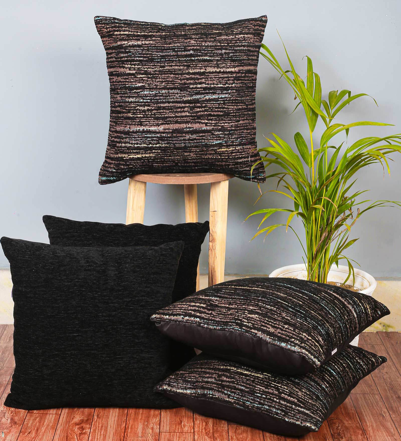 Black Textured Polyester 16 x 16 Inches Cushion Covers (Set of 5)