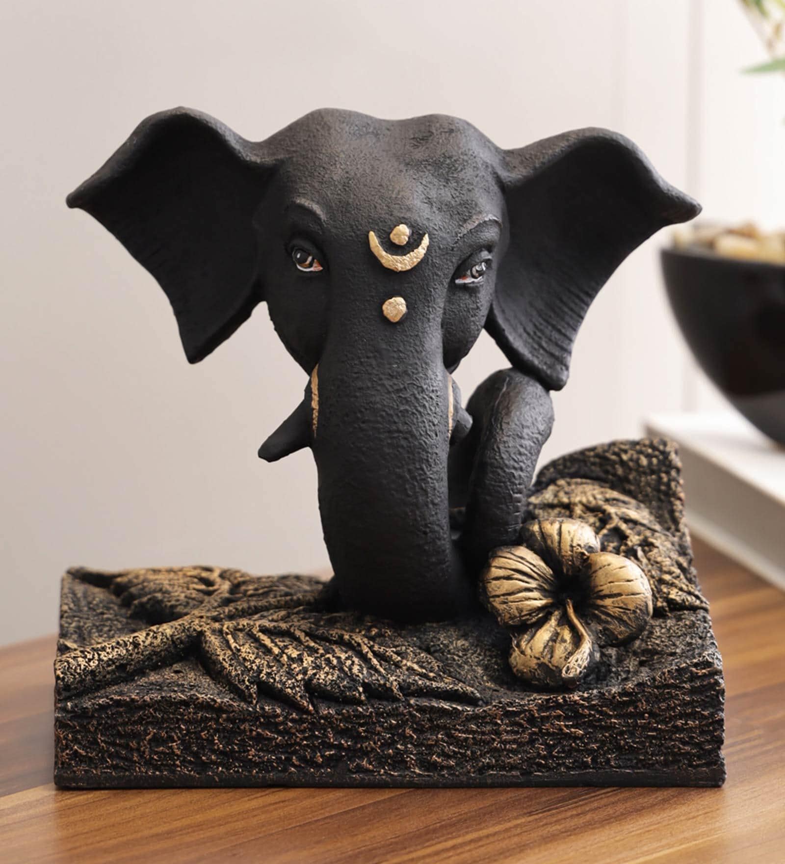 Living Essence Black Polyresin Eternal Flower Base Ganesha Idol