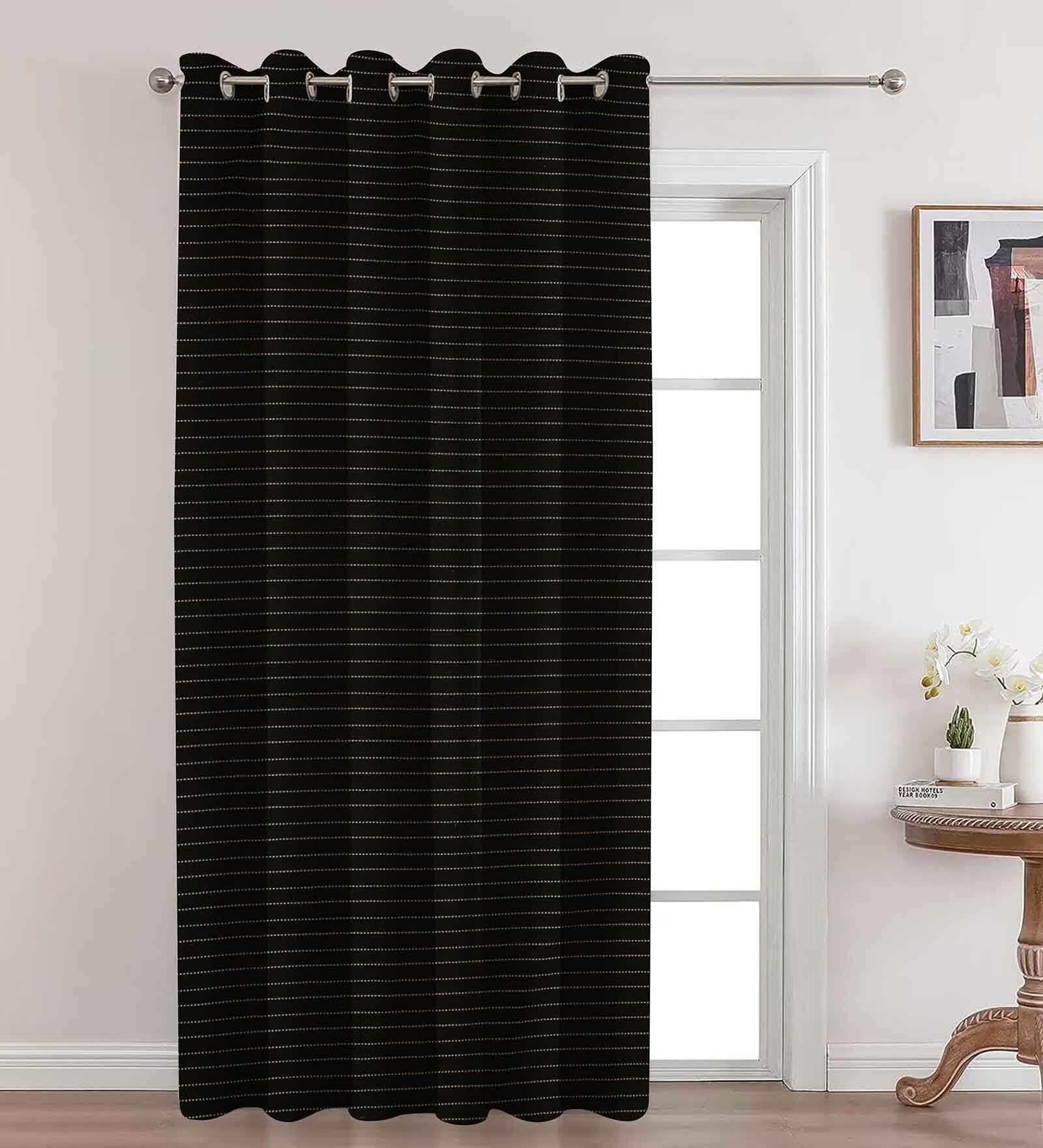 Black Premium Jute Geometric 8ft Light Filtering Eyelet Long Door Curtain