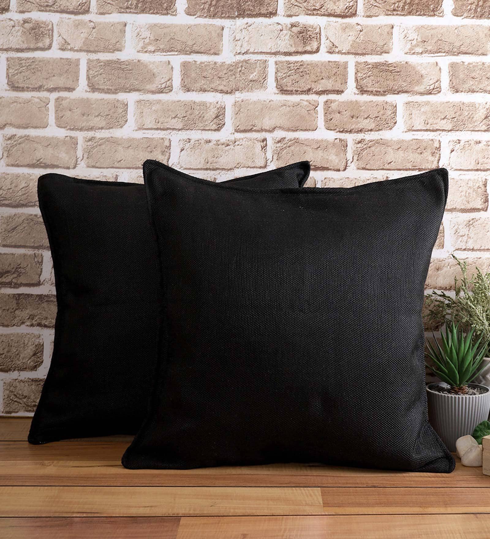 Black Solid Jute 18 x 18 Inches Cushion Covers (Set of 2)