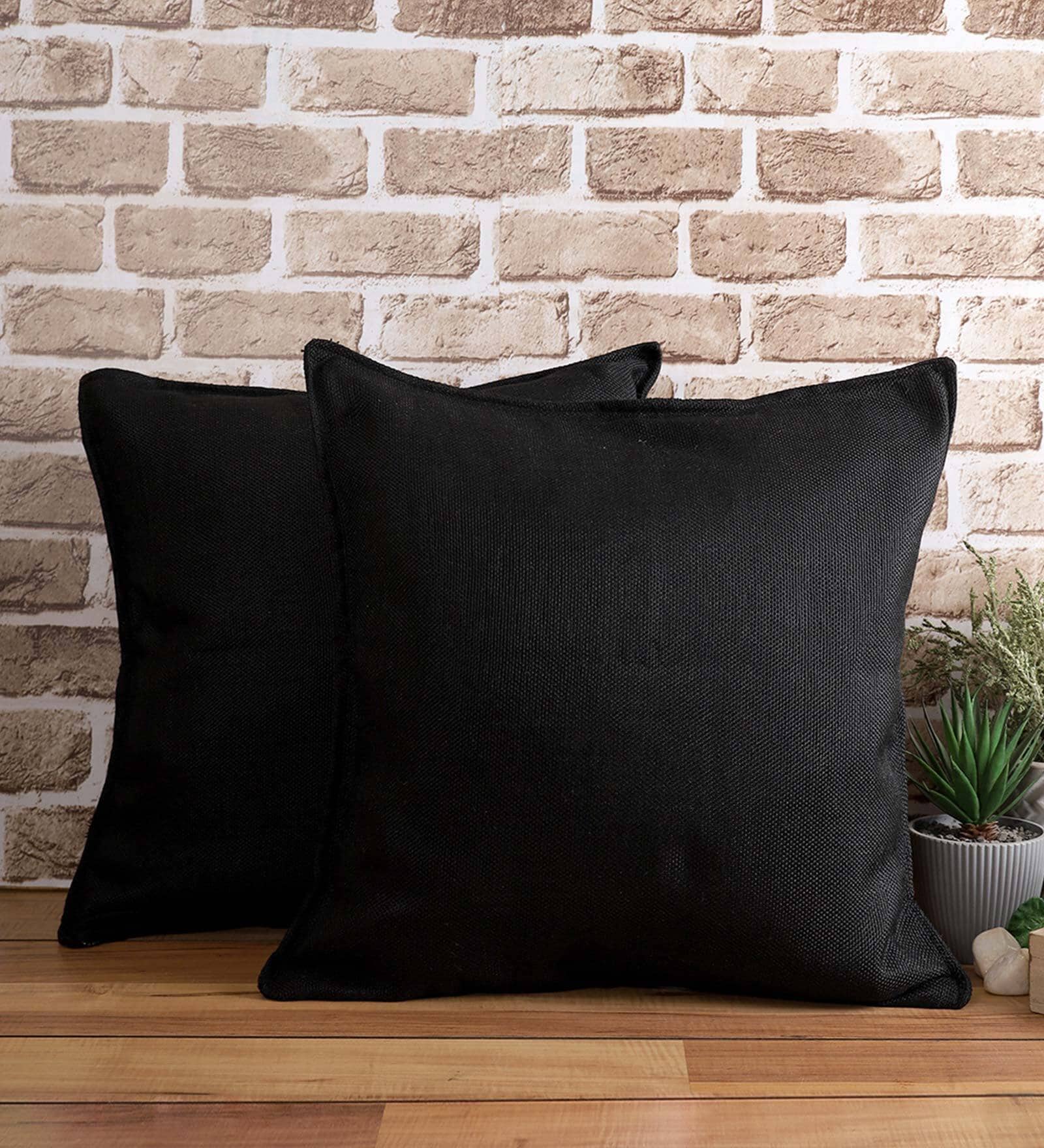 Black Solid Jute 24 x 24 Inches Cushion Covers (Set of 2)