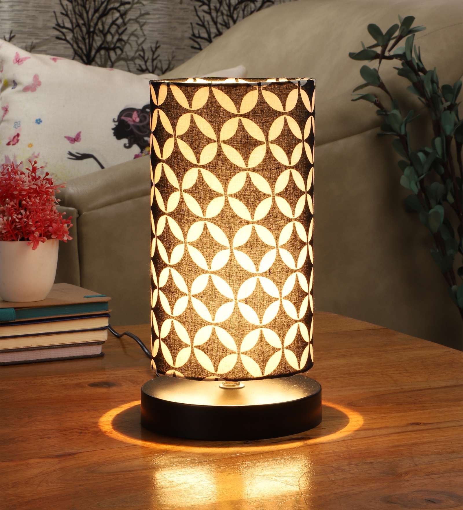 Black Round Metal Base Table Lamp with Geometric Print Shade