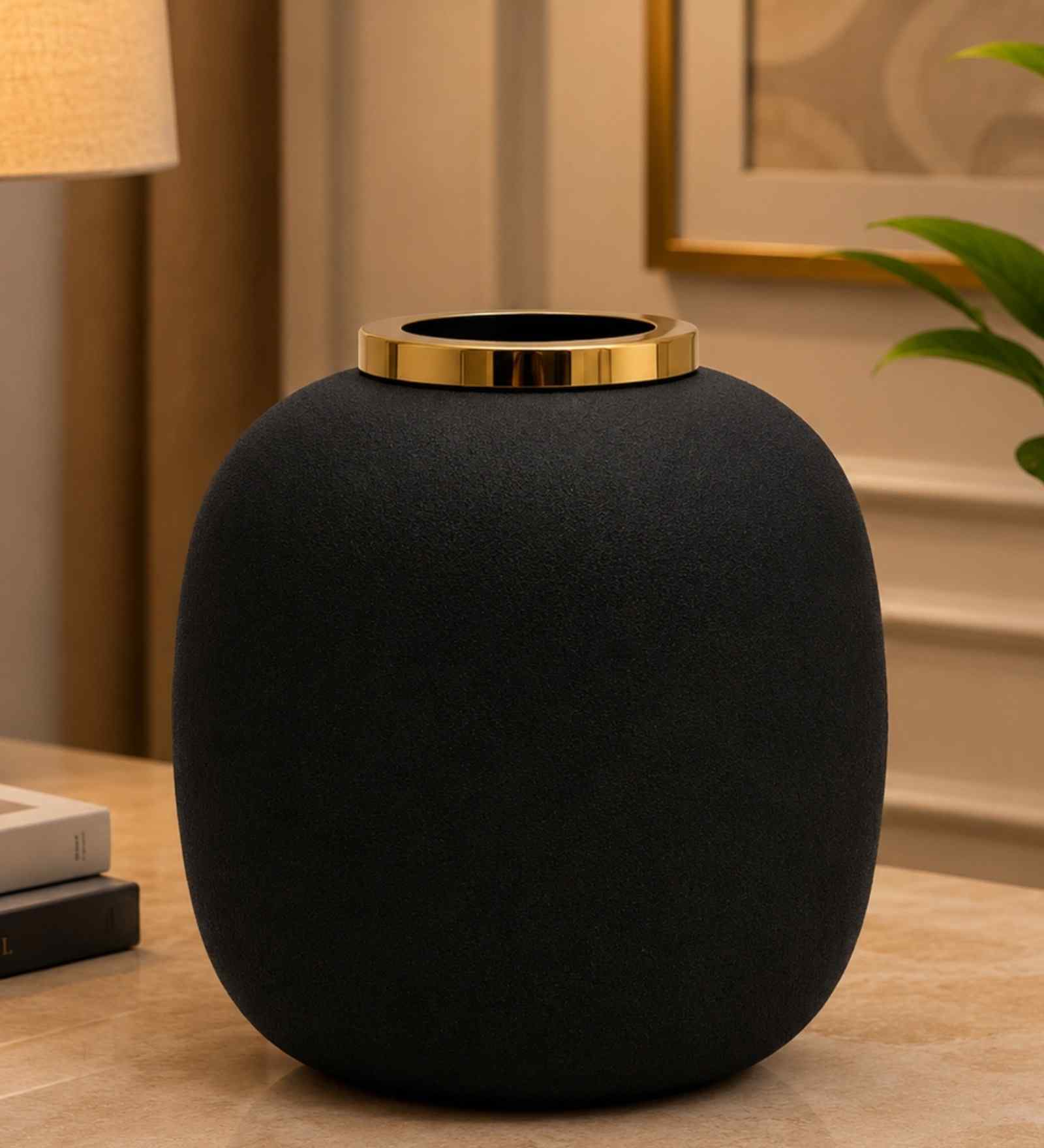 Black Rounded Square Flower Vase for Home Decor, Iron, Dual-Tone Matte Finish