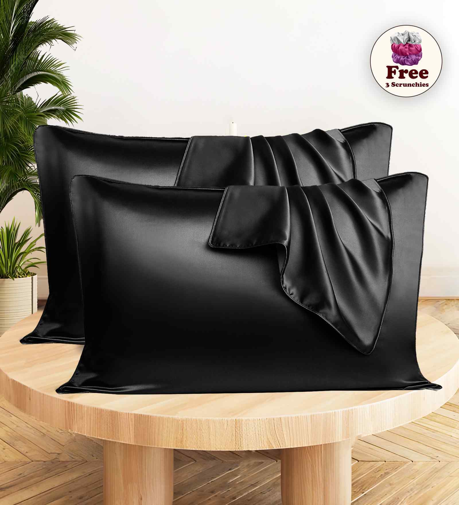 Black Satin Silk 72x46 cm Pillow Covers (Set of 2) With 1Pc Scrunchie Free