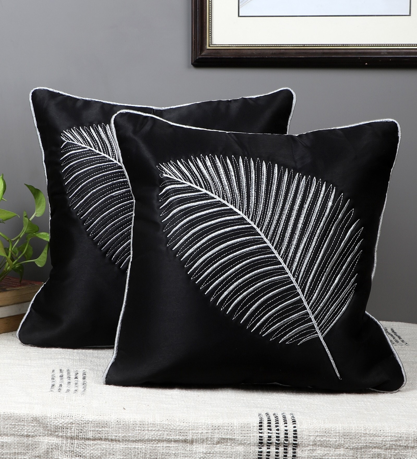 Black Satin Textured 16x16 inches Cushion Covers (Pack of 2)