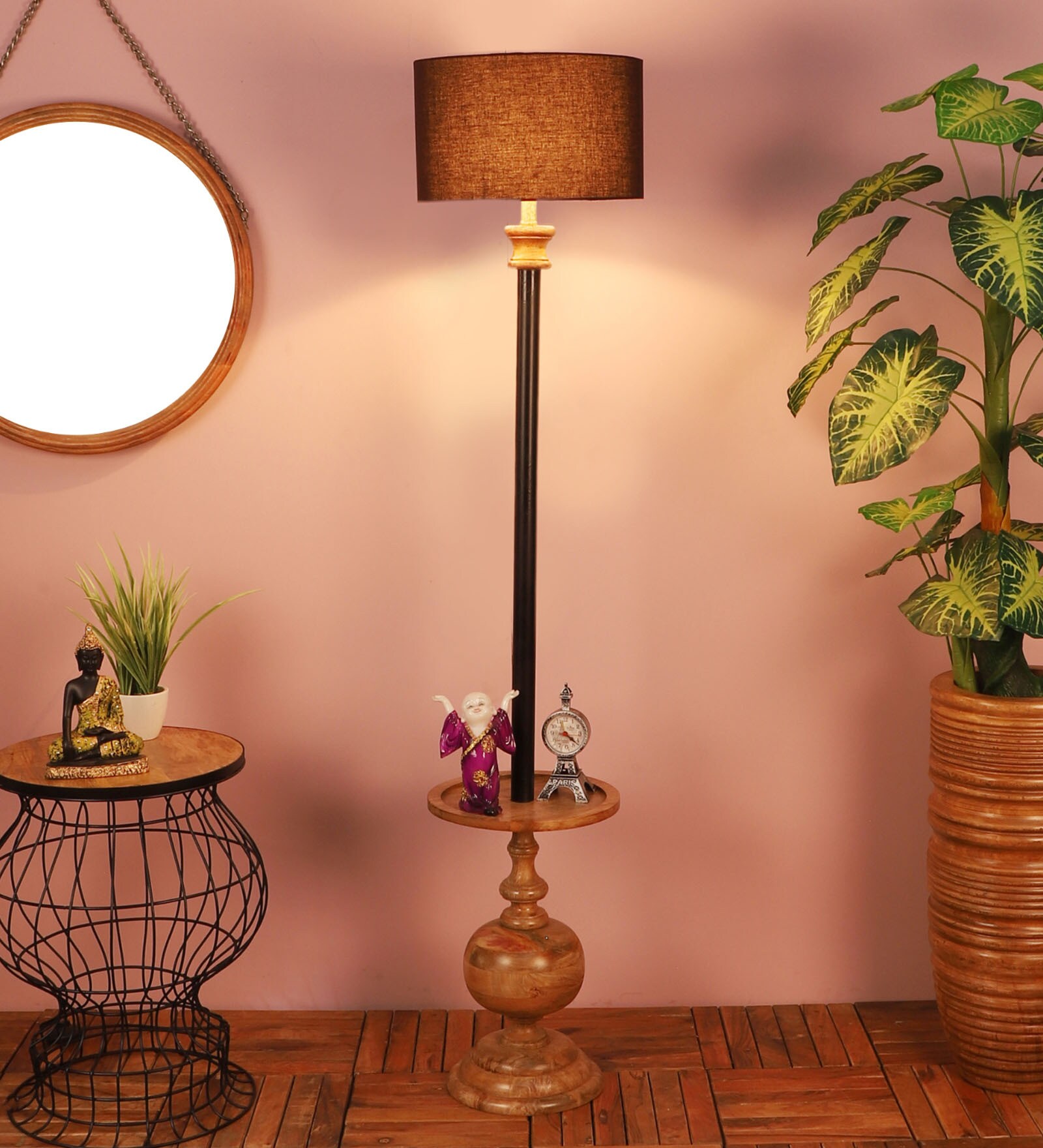 Buy Desmond Black Cotton Shade Shelf Floor Lamp With Wood & Metal Base