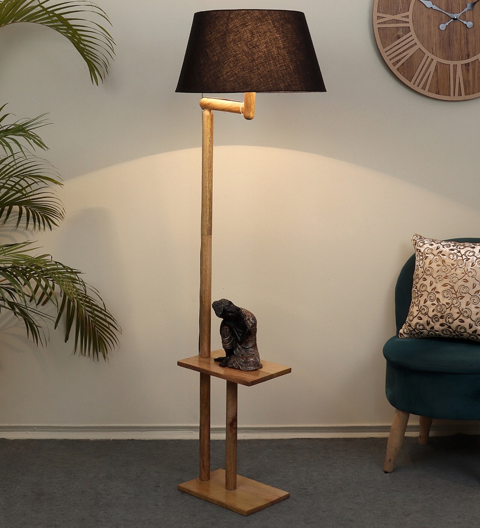 Black Shade Floor Lamp With Wood Base