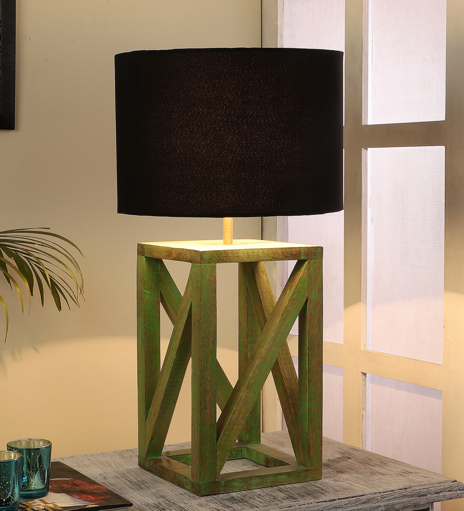 Black Shade Table Lamp With Wood Base