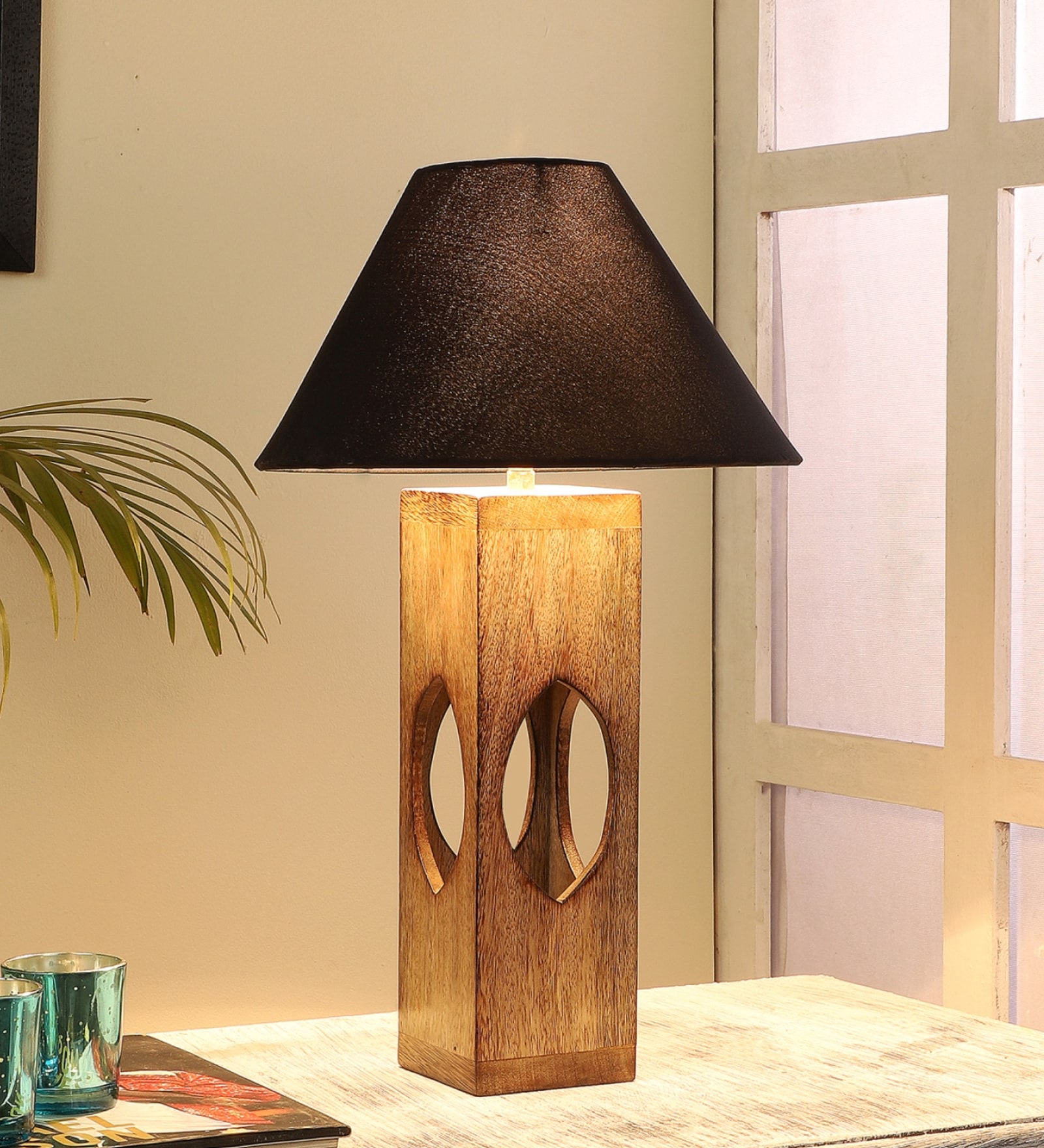 Black Shade Table Lamp With Wood Base