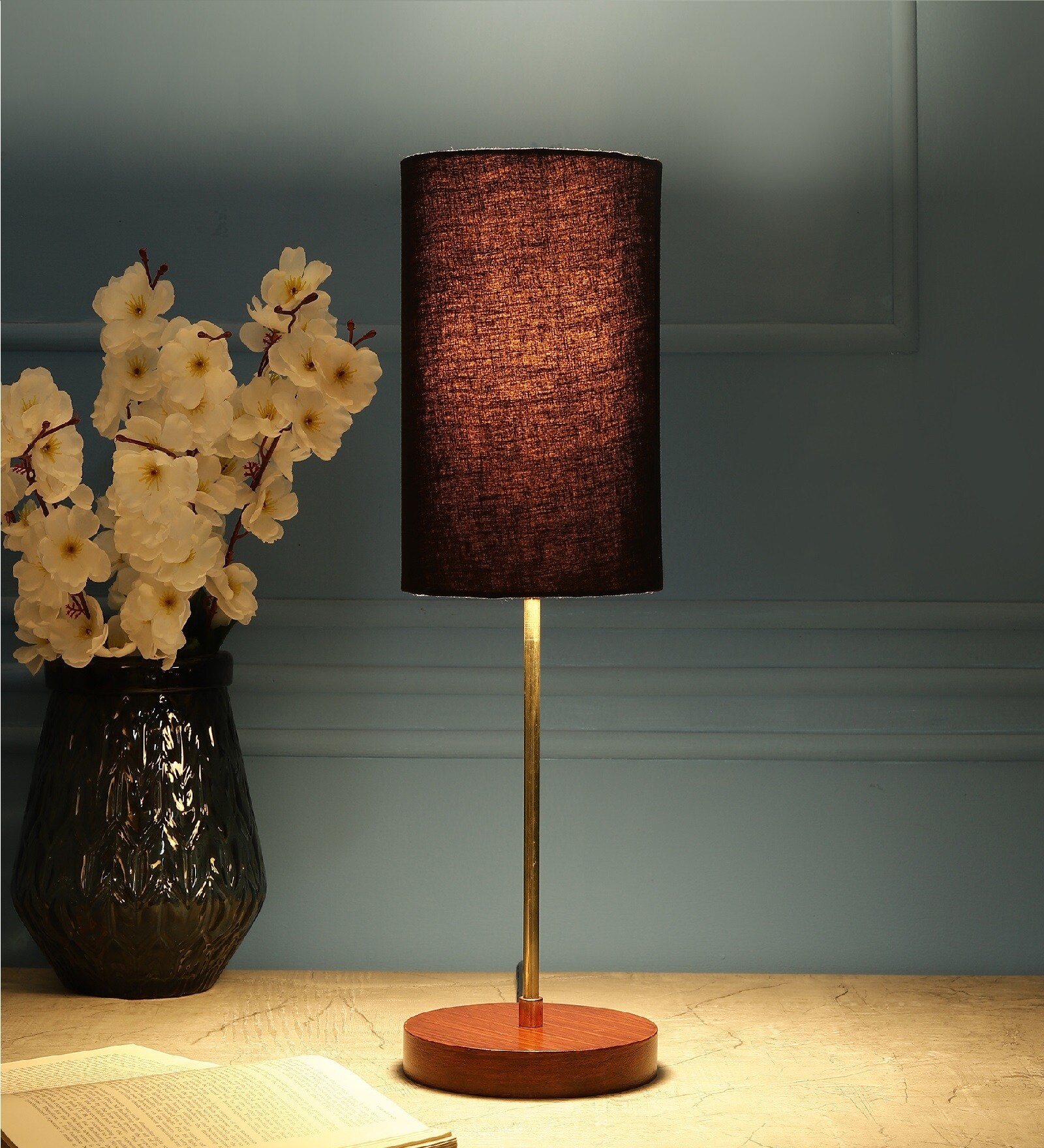 Caged Black Fabric Shade Night Lamp With Aluminium Base