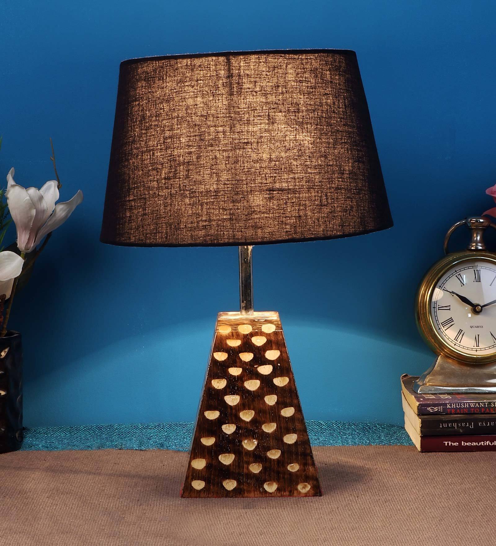 Black Shade Table Lamp With Brown Woodden Base