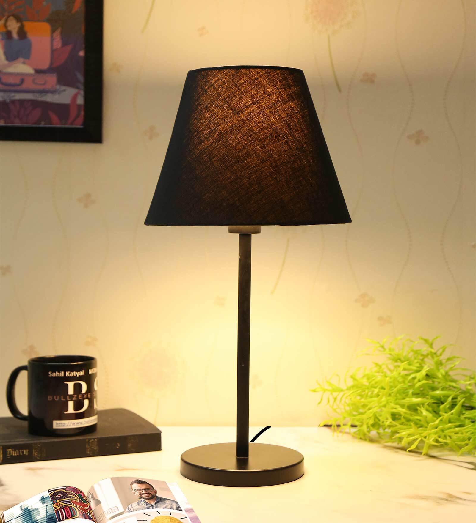 Kardish Black Cotton Shade Night Lamp With Metal Base